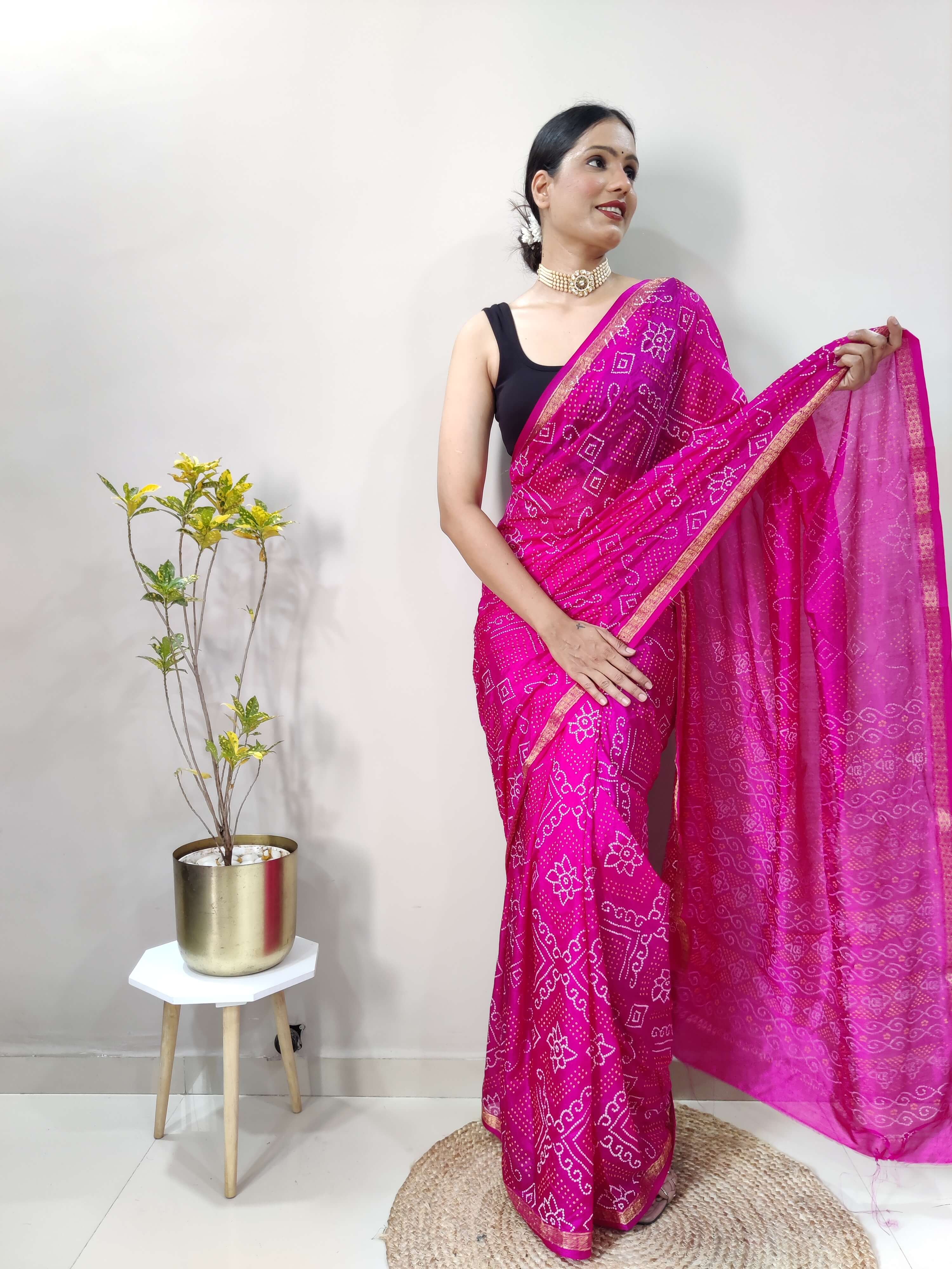 1 Min Ready To Wear Saree In  PINK Bandhani With All Over Boder