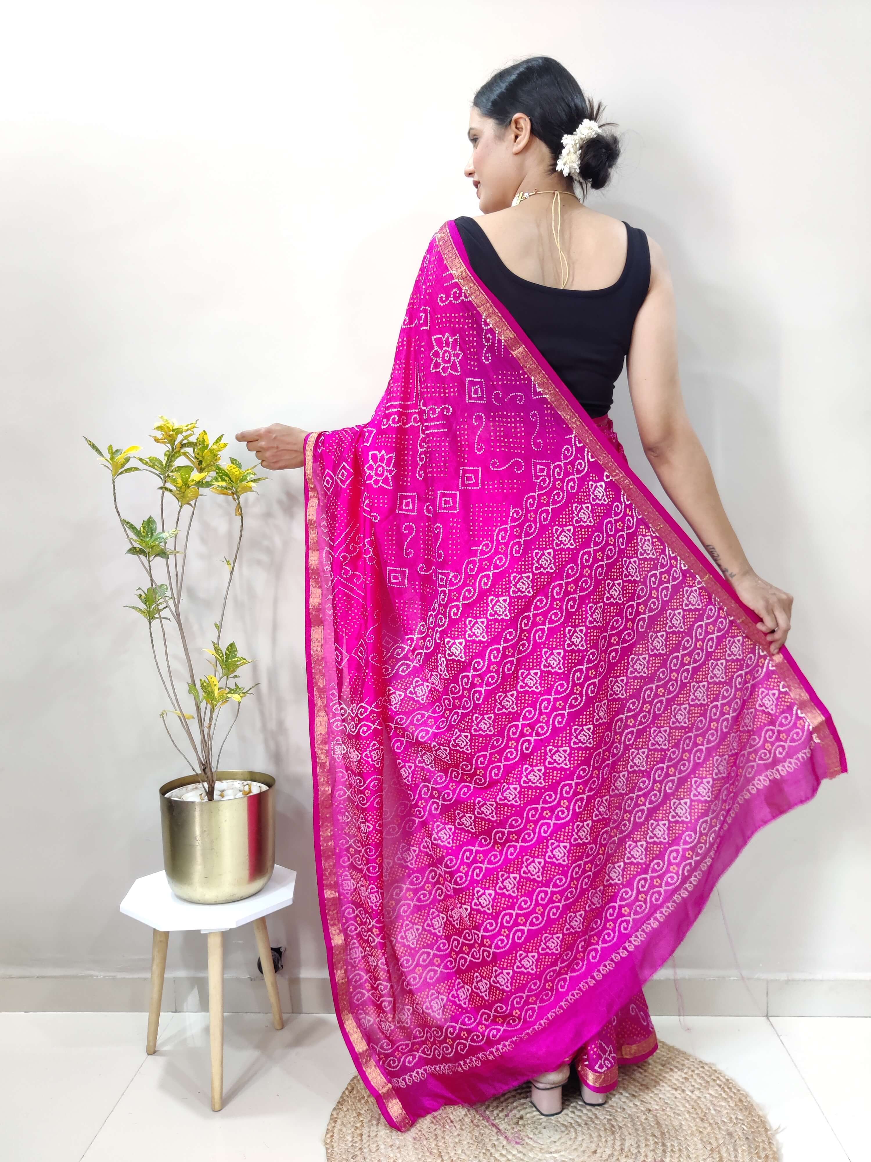 1 Min Ready To Wear Saree In  PINK Bandhani With All Over Boder