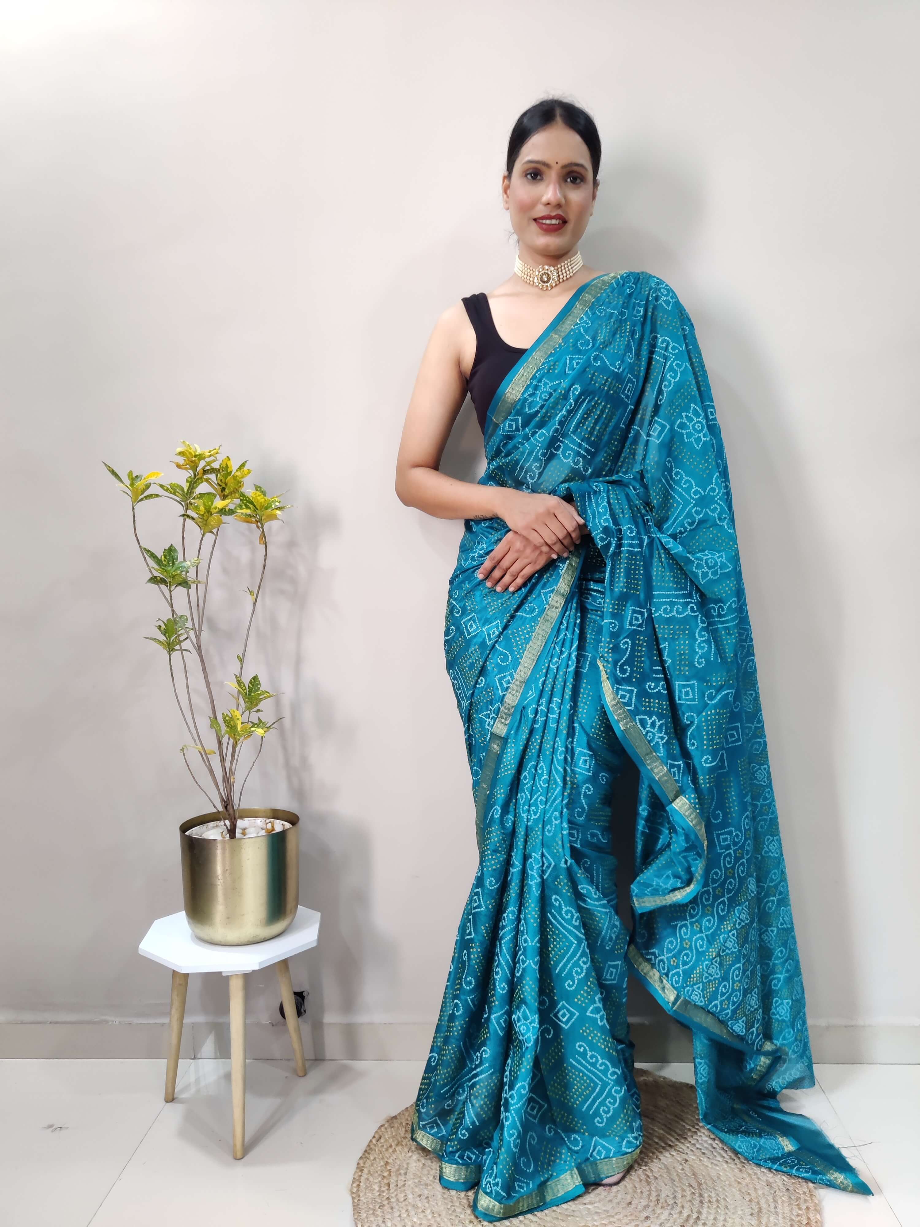 1 Min Ready To Wear Saree In  PEACOCK  Bandhani With All Over Boder