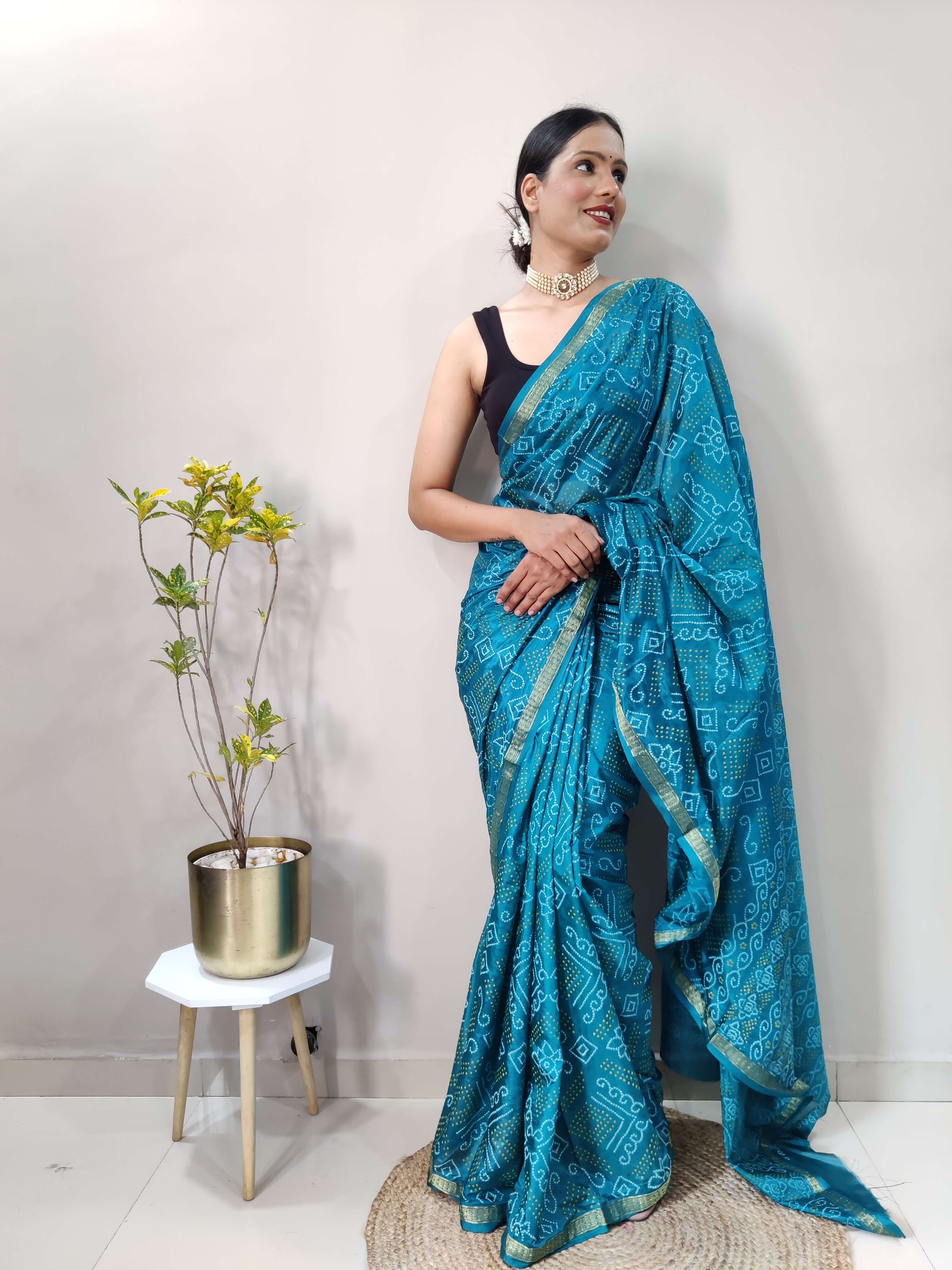 1 Min Ready To Wear Saree In  PEACOCK  Bandhani With All Over Boder