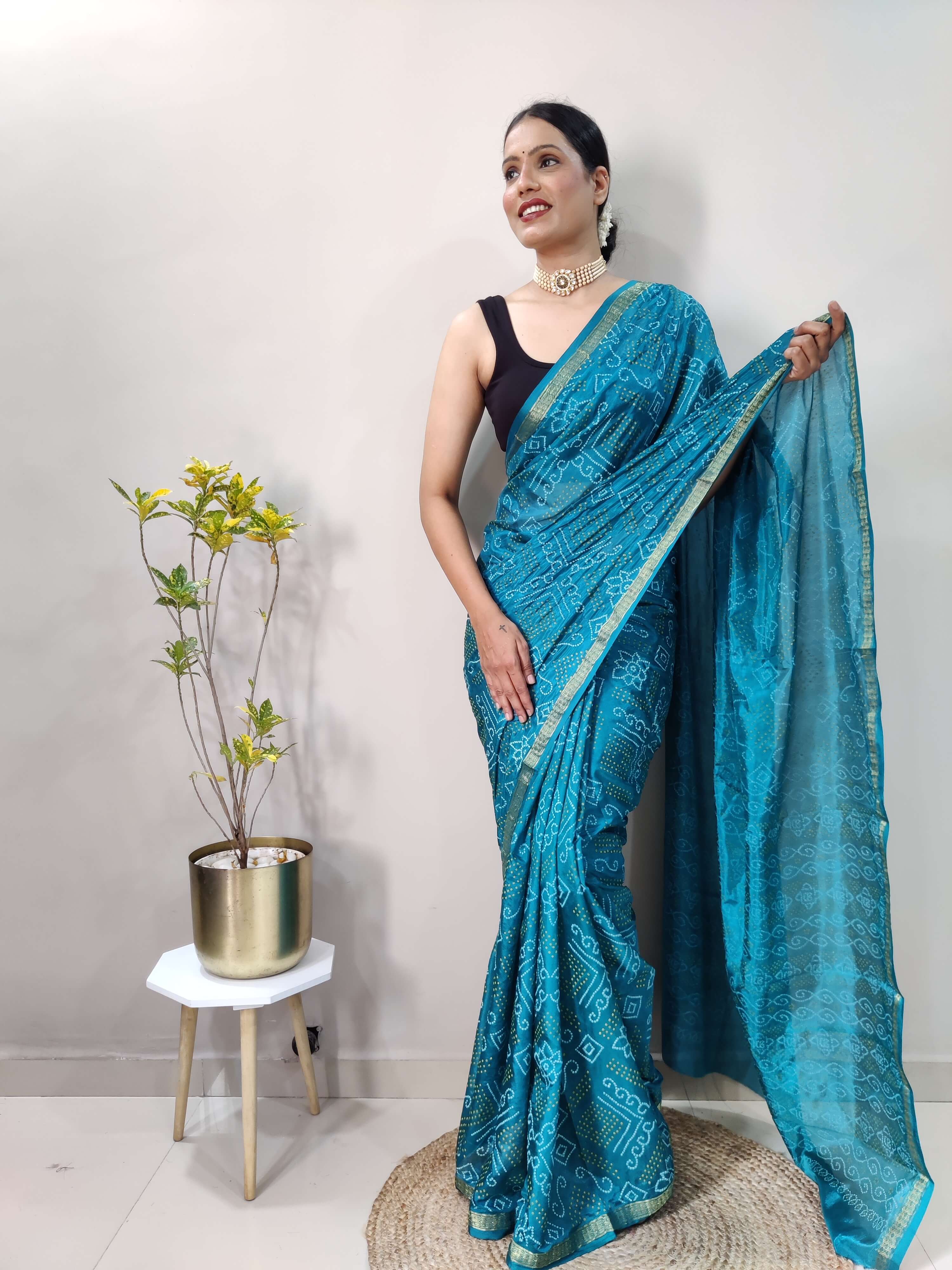 1 Min Ready To Wear Saree In  PEACOCK  Bandhani With All Over Boder