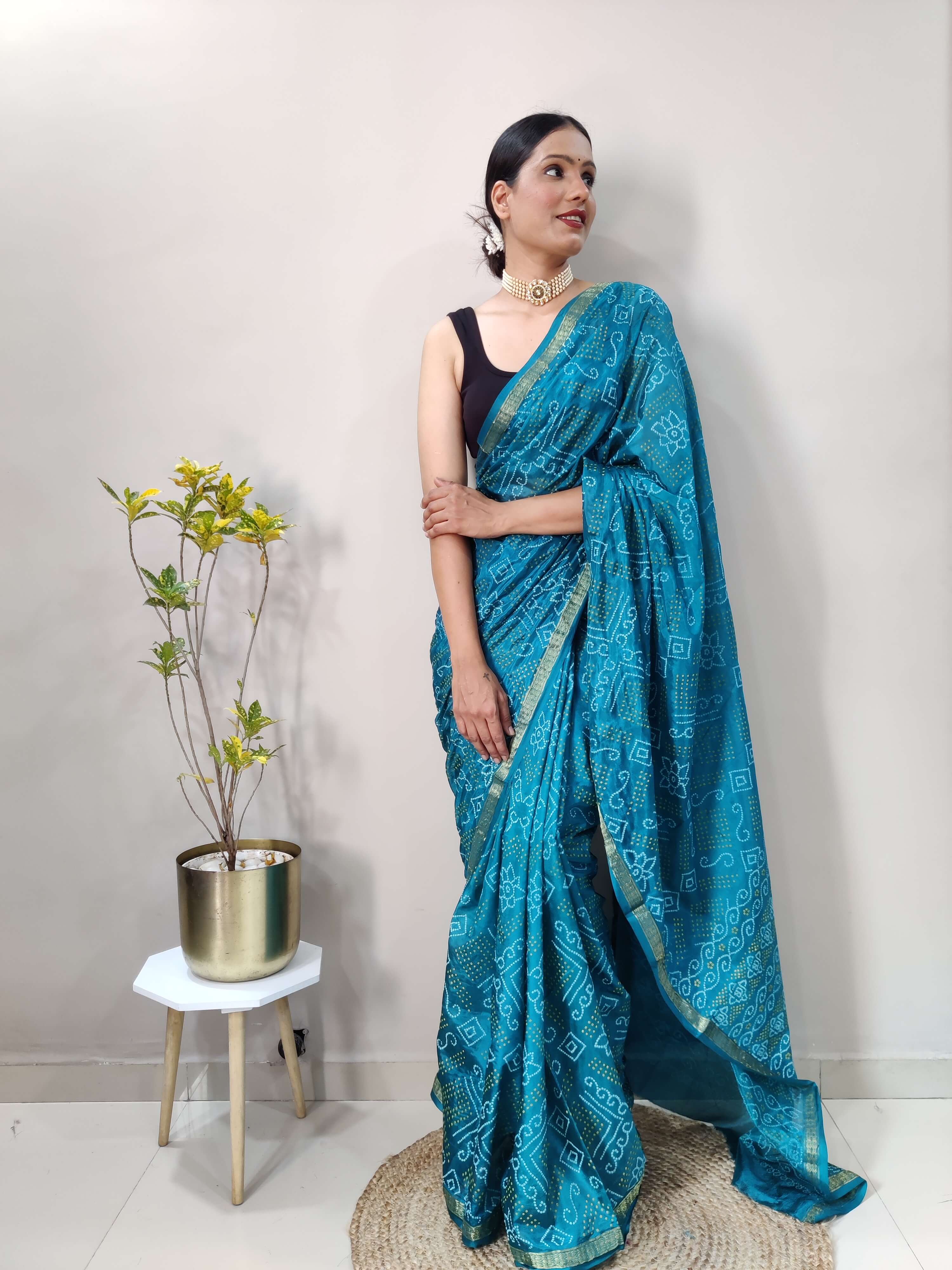 1 Min Ready To Wear Saree In  PEACOCK  Bandhani With All Over Boder