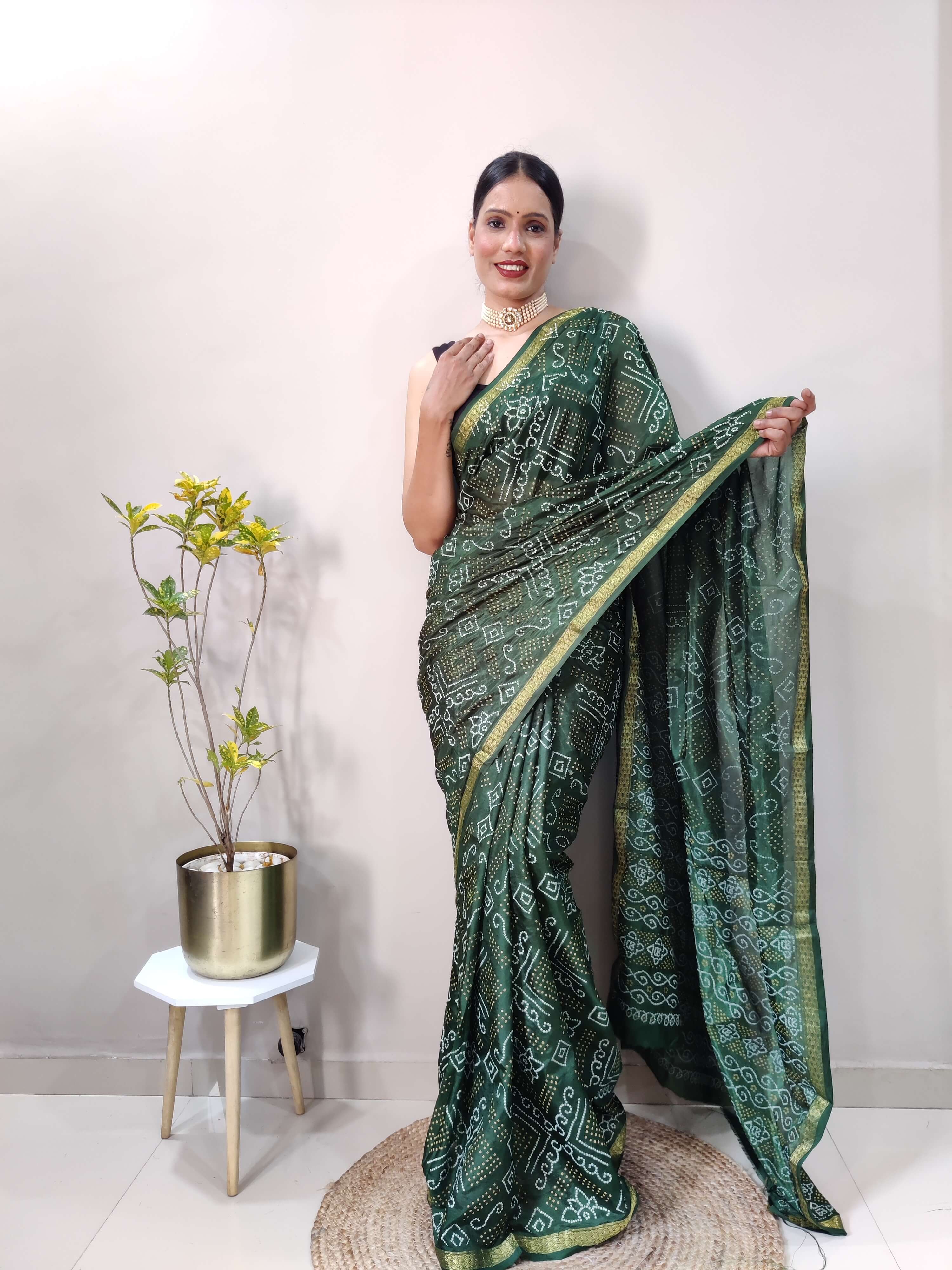 1 Min Ready To Wear Saree In  GREEN Bandhani With All Over Boder