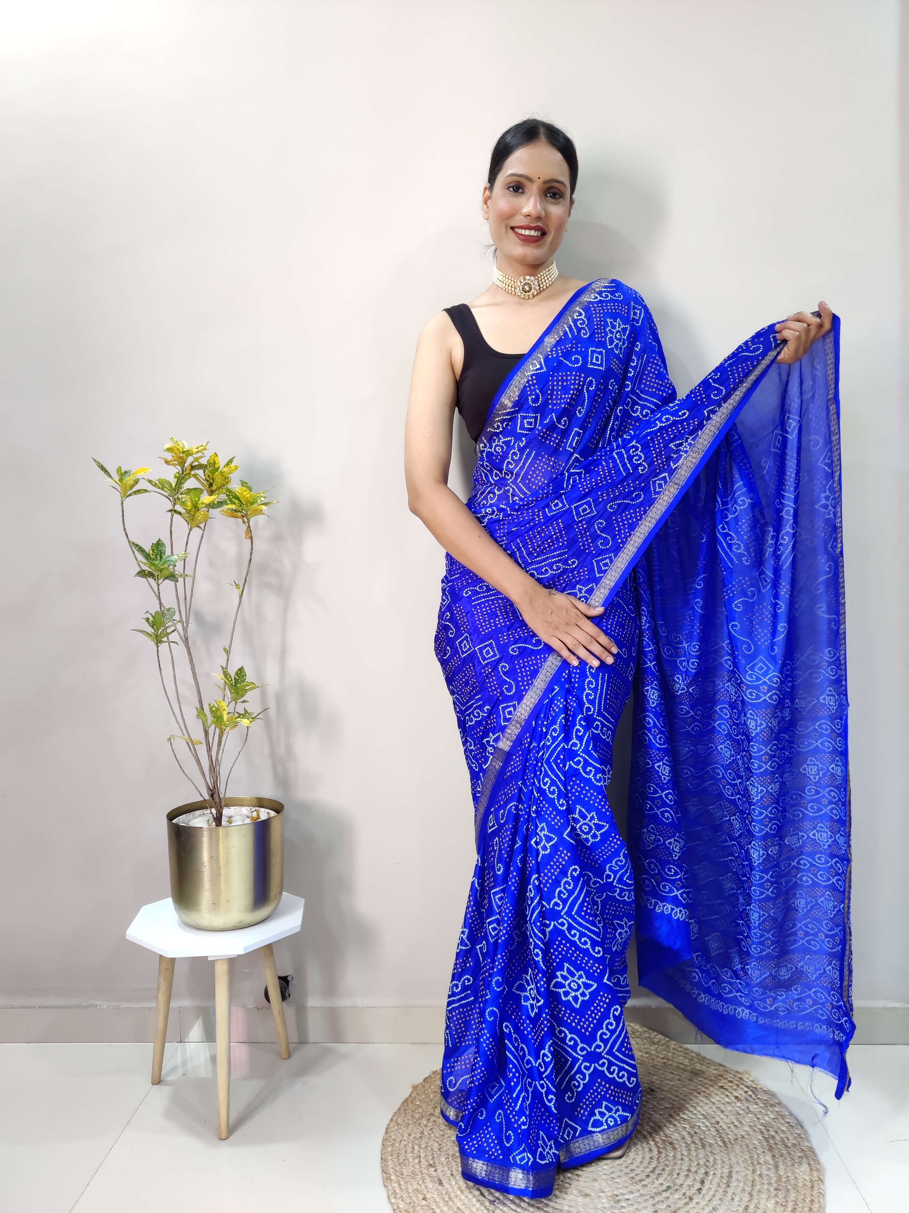 1 Min Ready To Wear Saree In  ROYAL BLUE Bandhani With All Over Boder