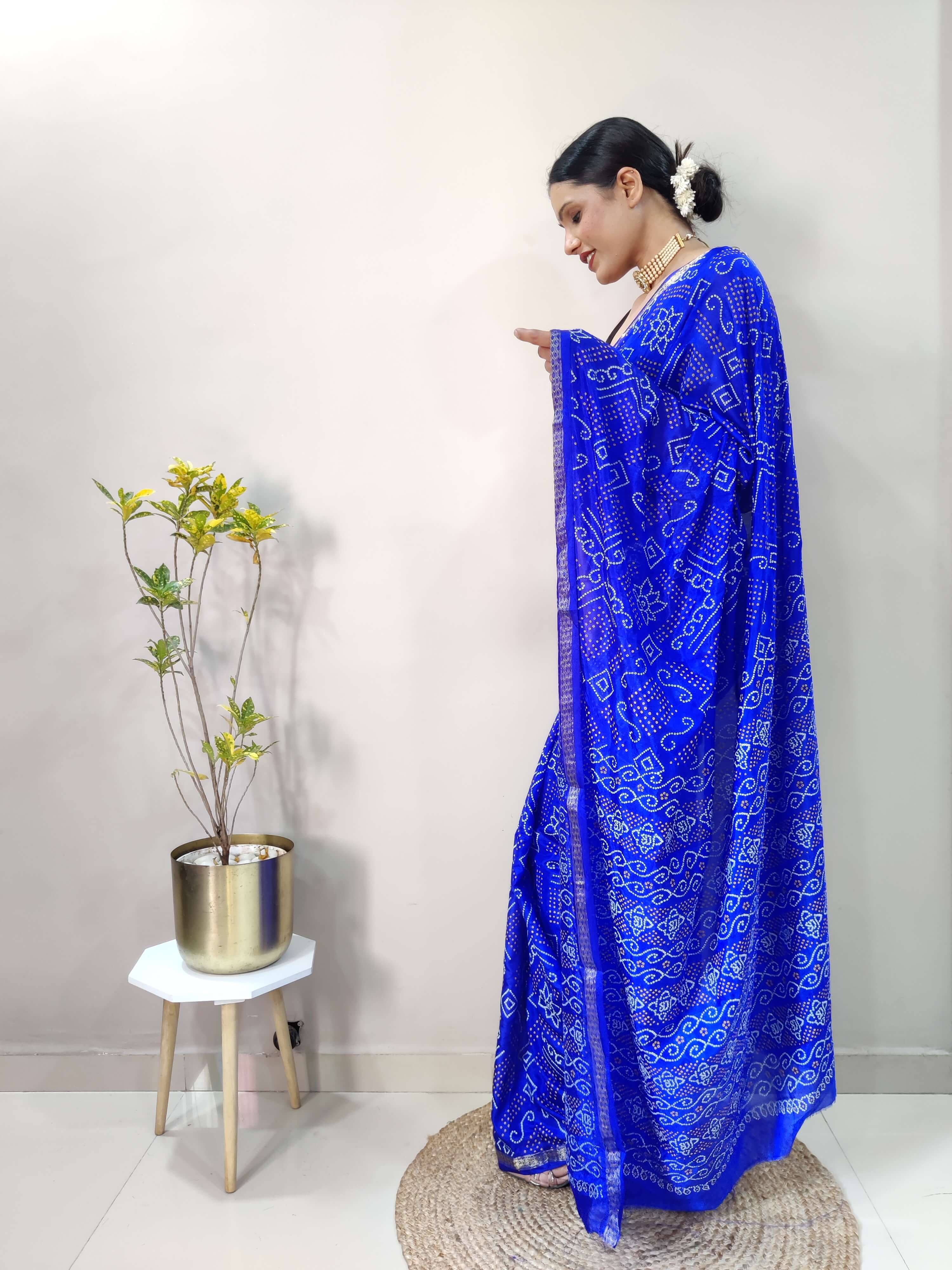 1 Min Ready To Wear Saree In  ROYAL BLUE Bandhani With All Over Boder