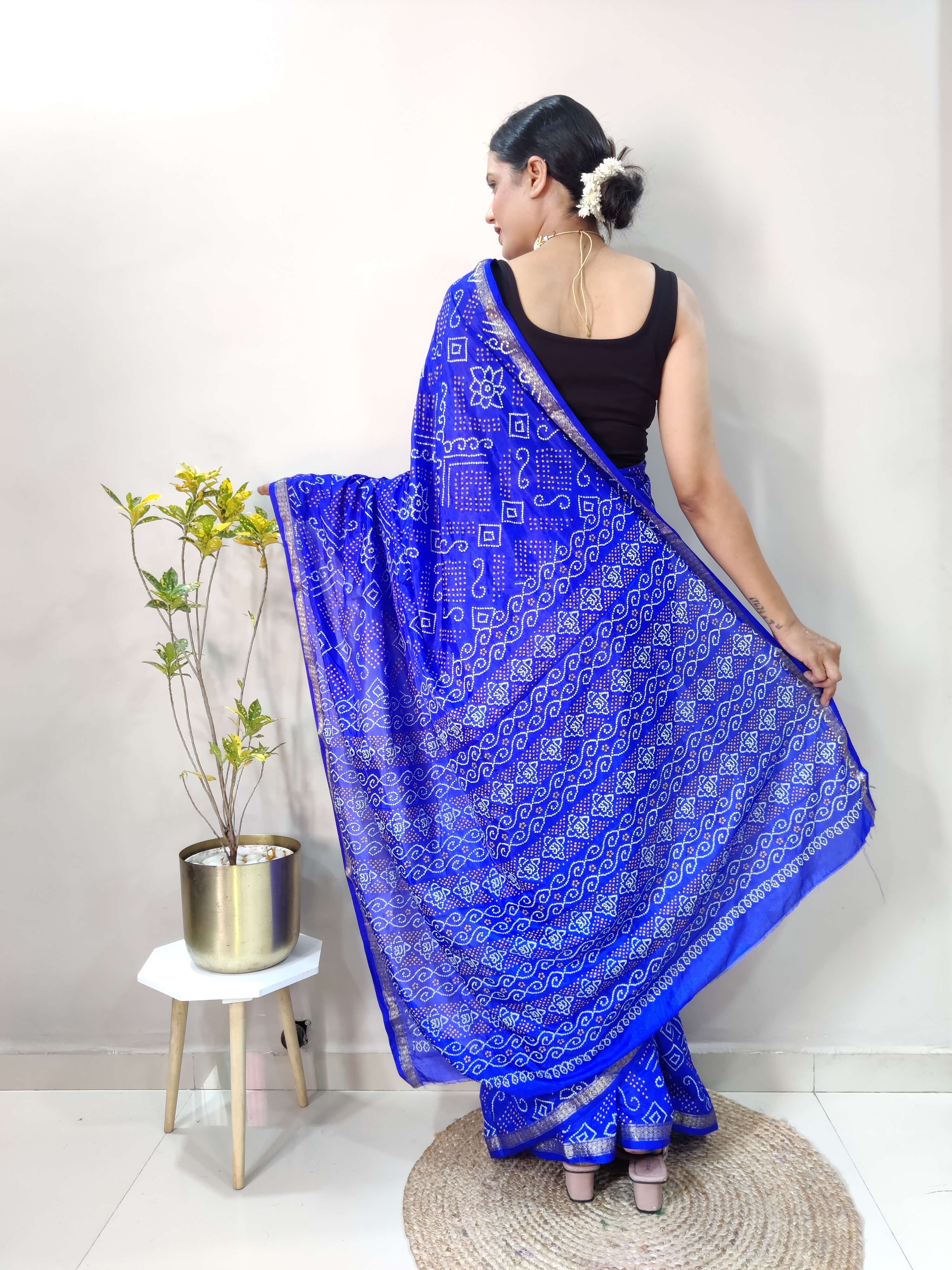 1 Min Ready To Wear Saree In  ROYAL BLUE Bandhani With All Over Boder