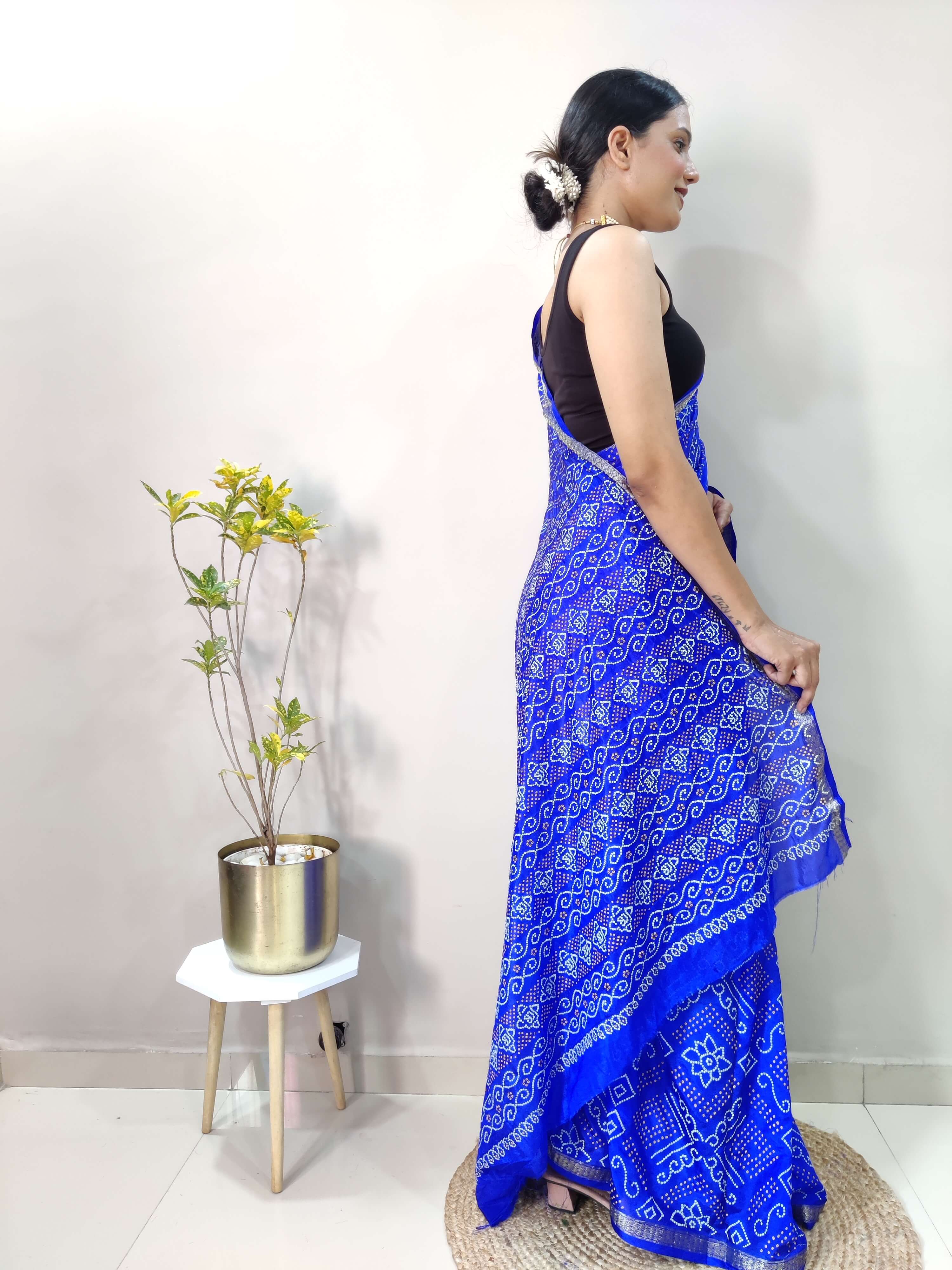 1 Min Ready To Wear Saree In  ROYAL BLUE Bandhani With All Over Boder