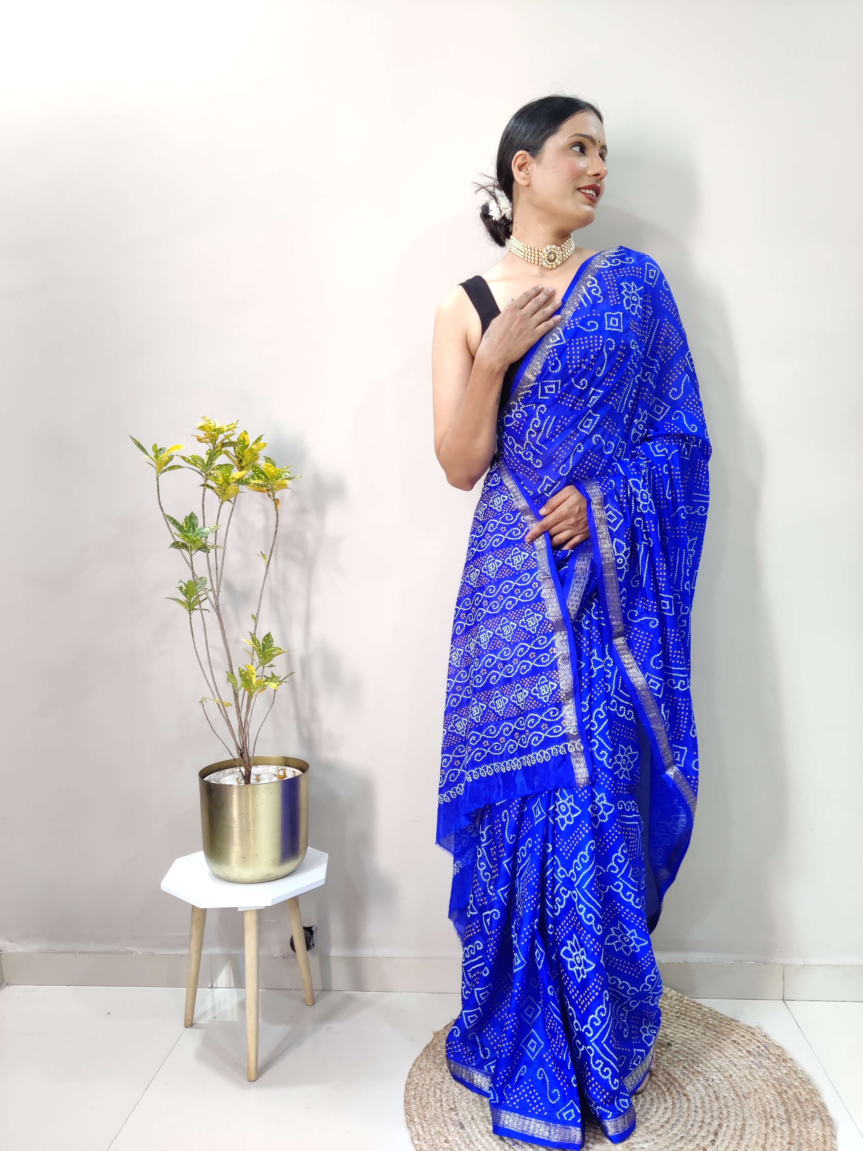 1 Min Ready To Wear Saree In  ROYAL BLUE Bandhani With All Over Boder