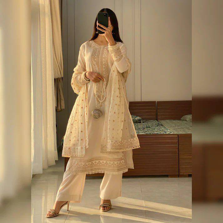 Desirable Roman Silk Sequence Embroidered Suit Set