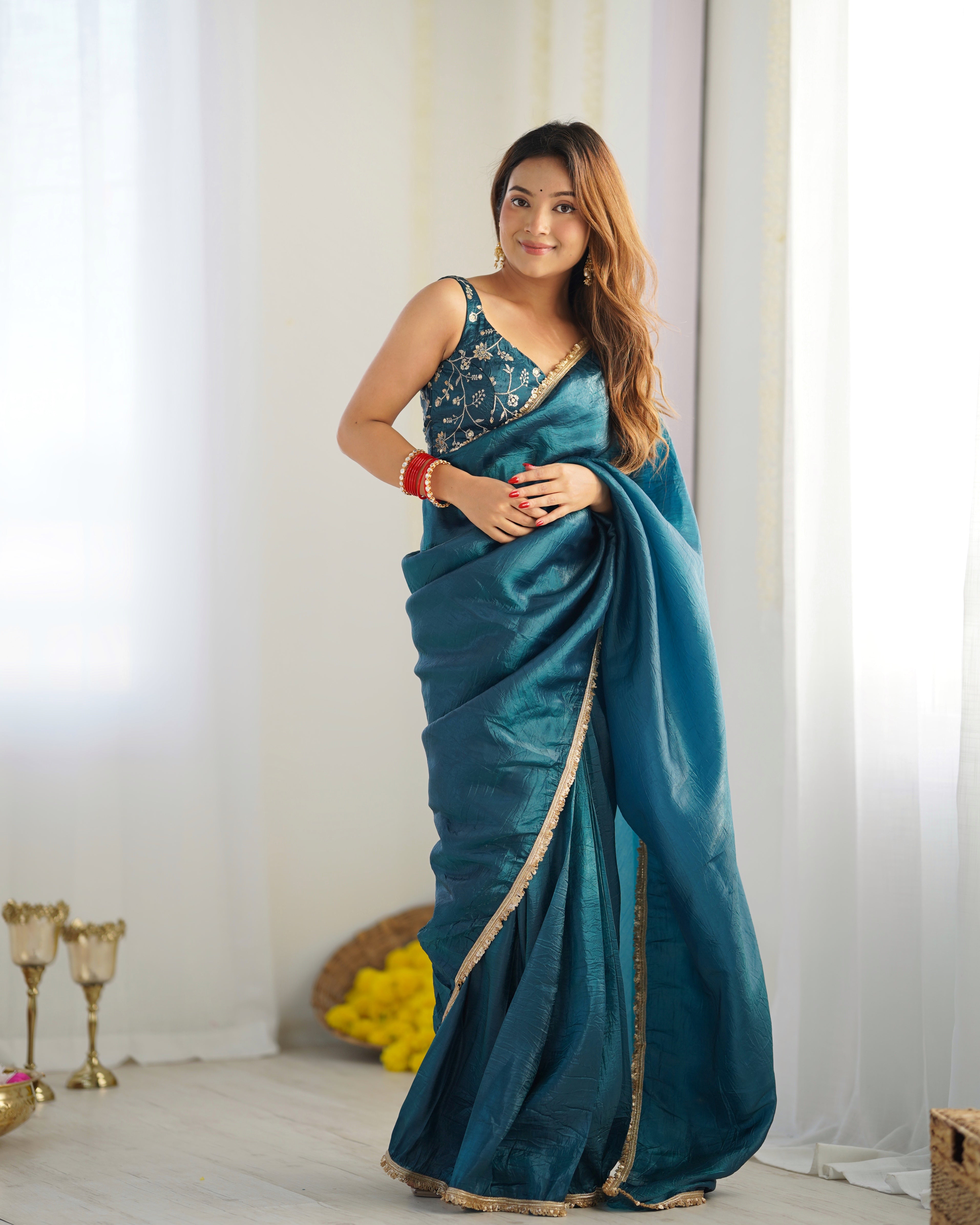 SIZZLING P READY TO WEAR GOLD CRUSH TISSUE SILK SAREE WITH STITCHED BLOUSE