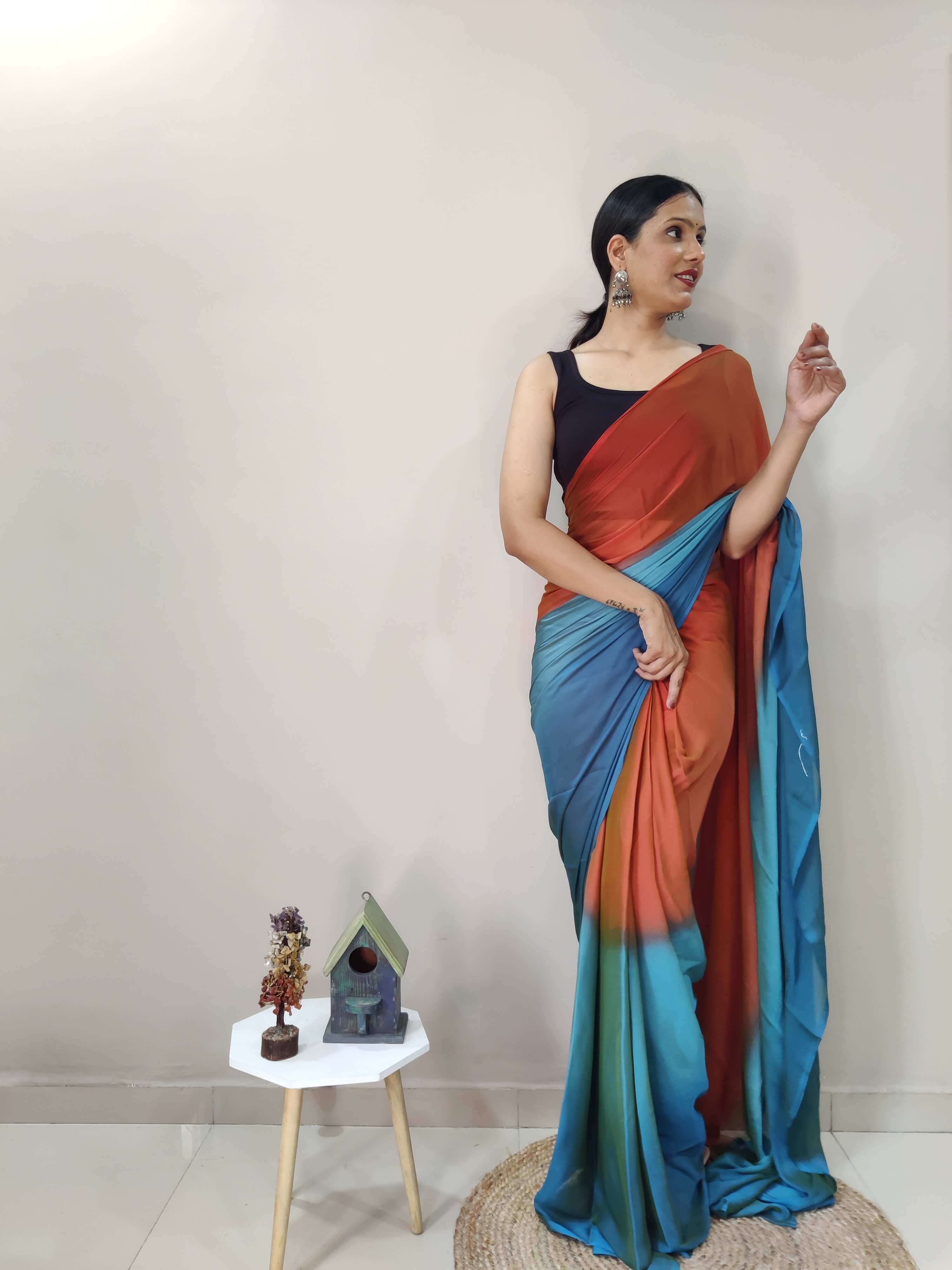 1-MIN READY TO WEAR  SUNEST SKY IMPORTED SILK SAREE  WITH BLOUSE