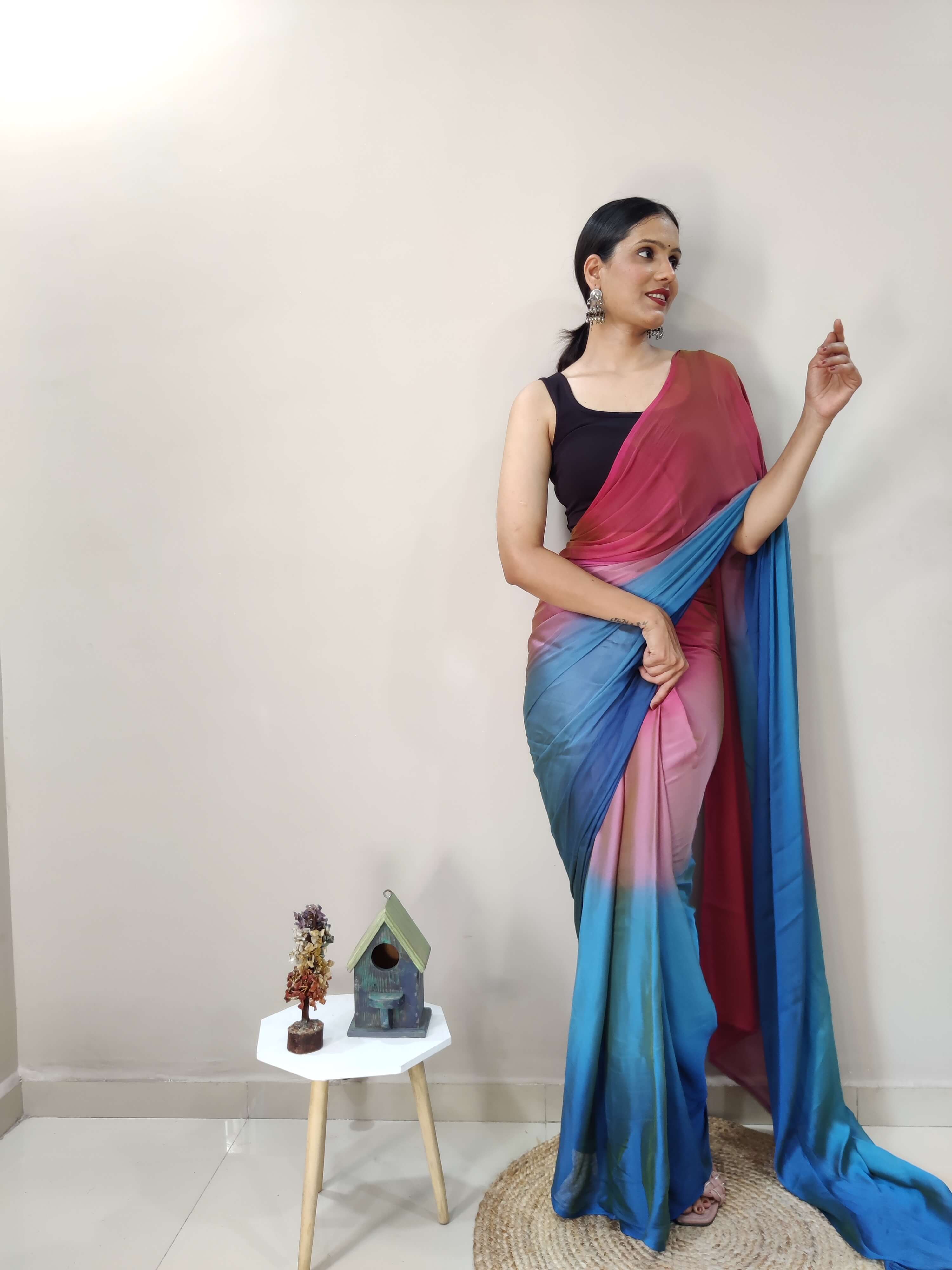 1-MIN READY TO WEAR  PEACOCK  IMPORTED SILK SAREE  WITH BLOUSE