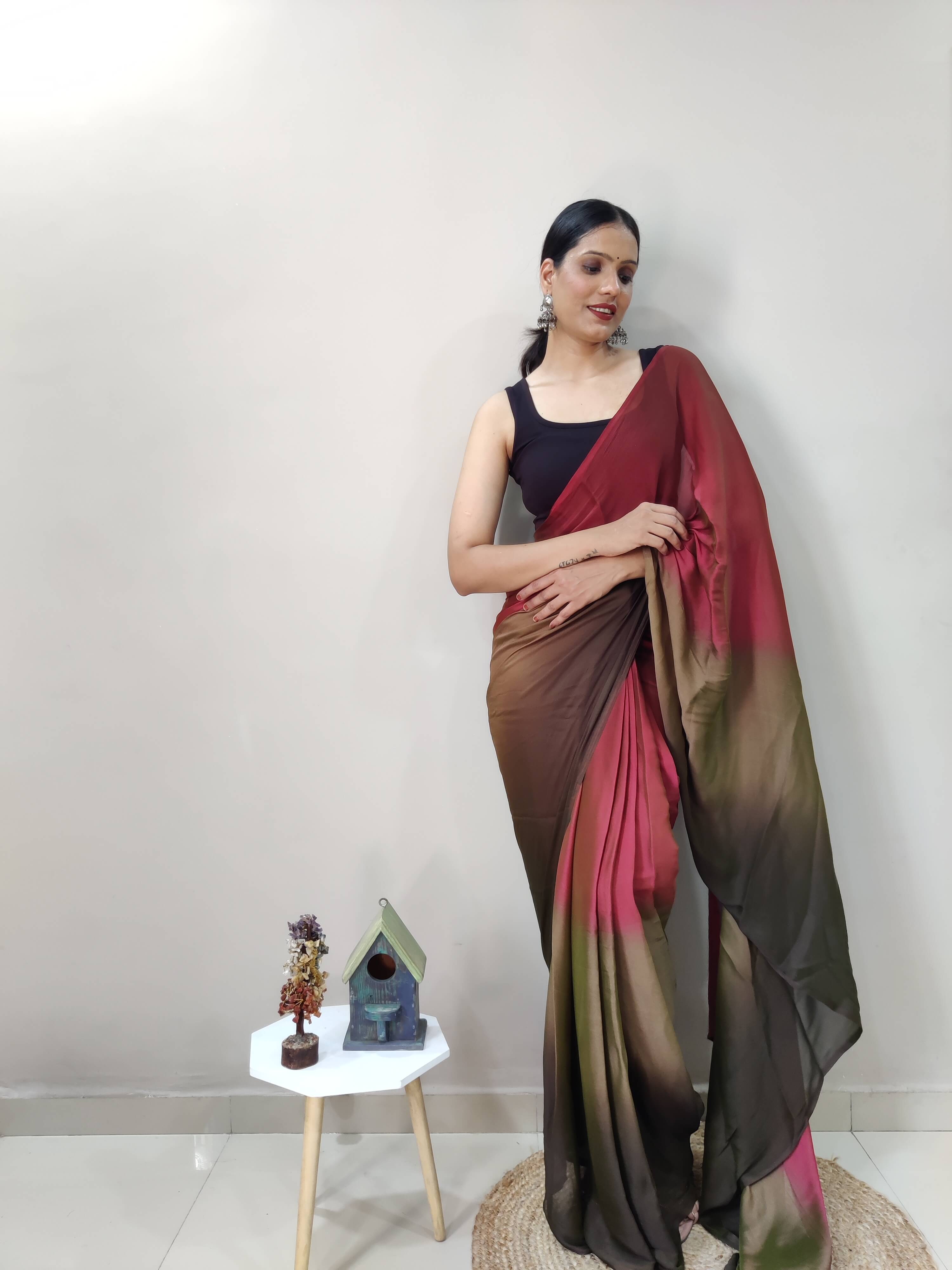 1-MIN READY TO WEAR  DARK COFFEE  IMPORTED SILK SAREE  WITH BLOUSE