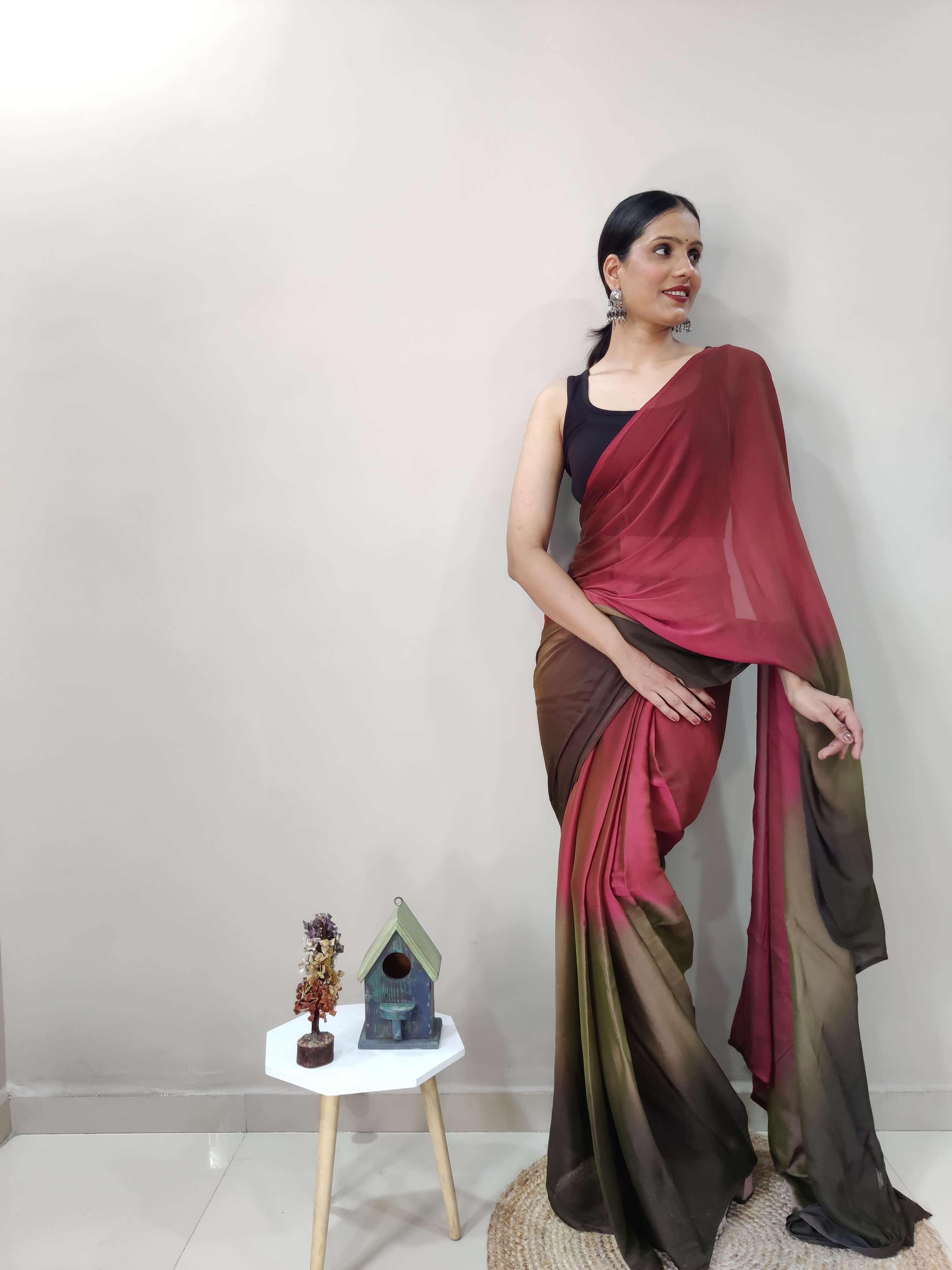 1-MIN READY TO WEAR  DARK COFFEE  IMPORTED SILK SAREE  WITH BLOUSE