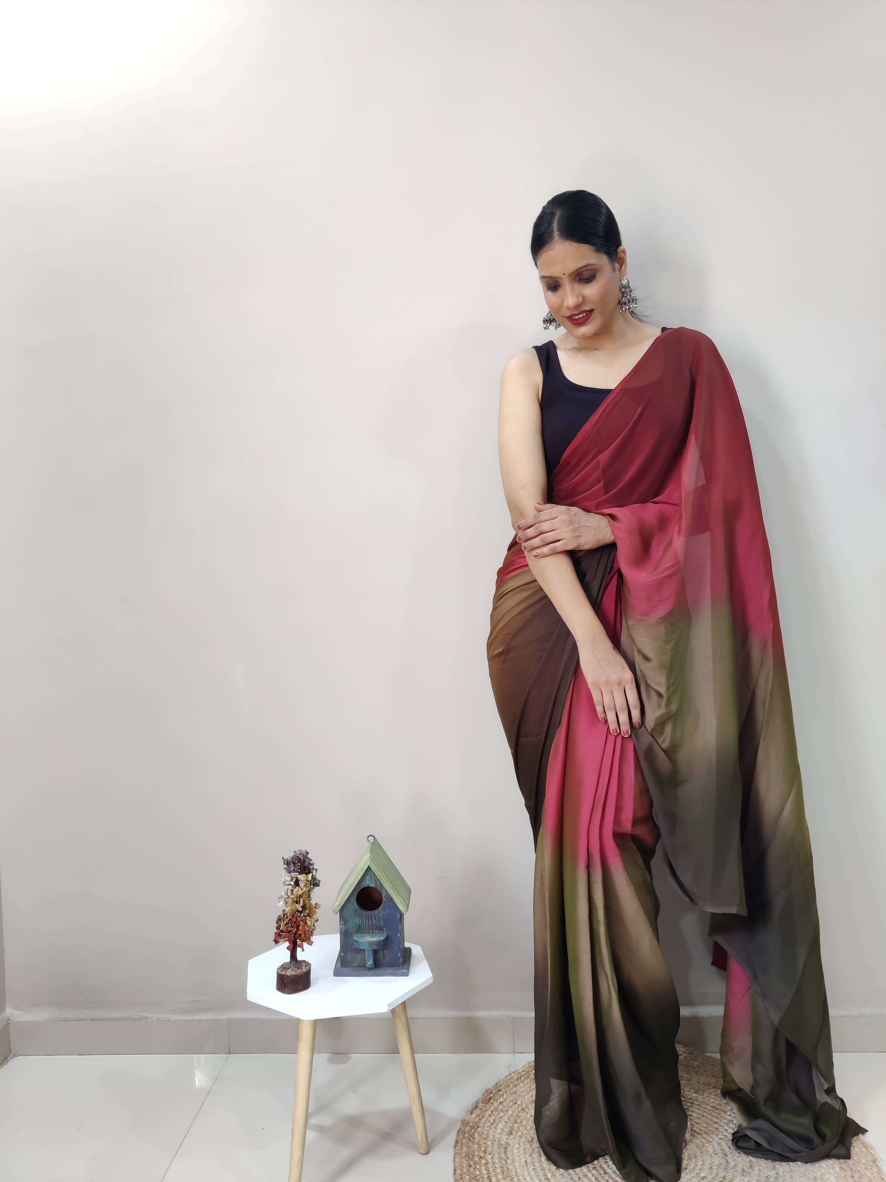 1-MIN READY TO WEAR  DARK COFFEE  IMPORTED SILK SAREE  WITH BLOUSE