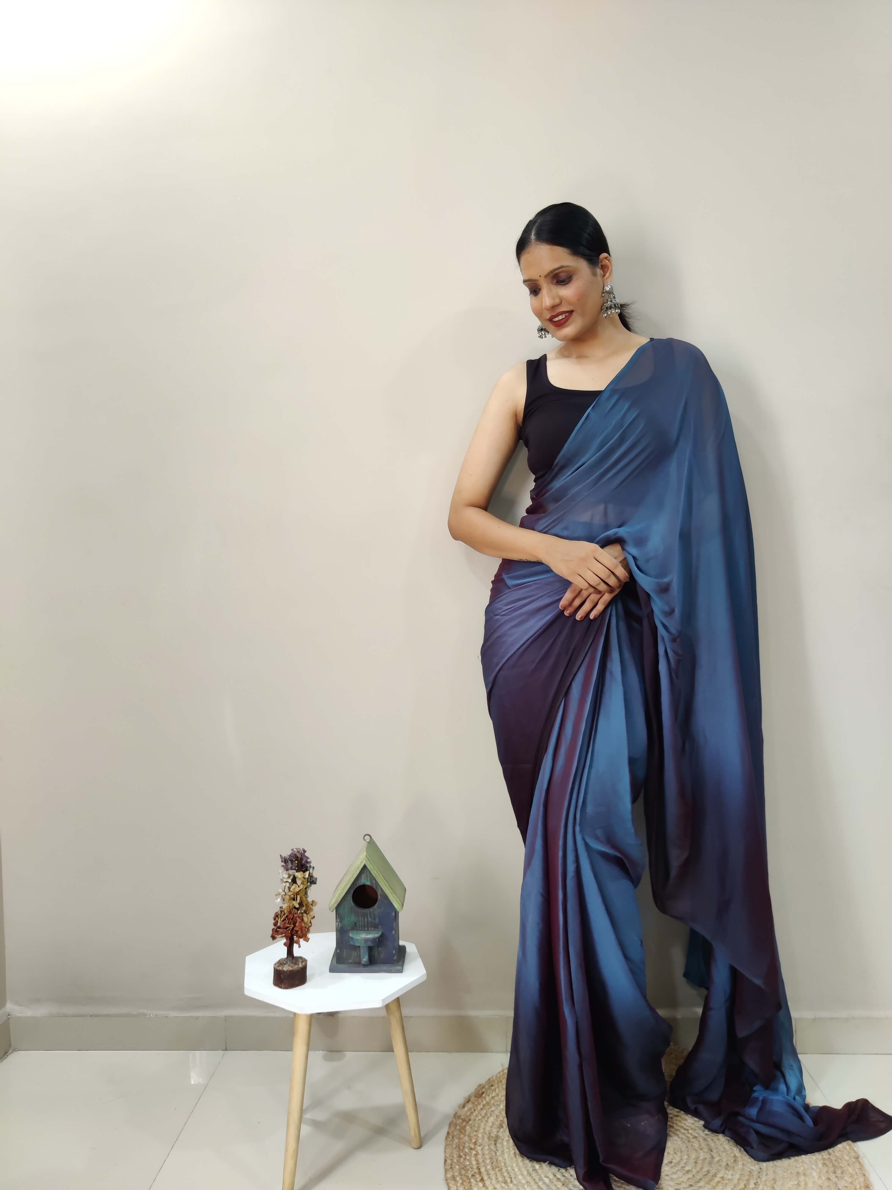 1-MIN READY TO WEAR   DEEP SEA   IMPORTED SILK SAREE  WITH BLOUSE