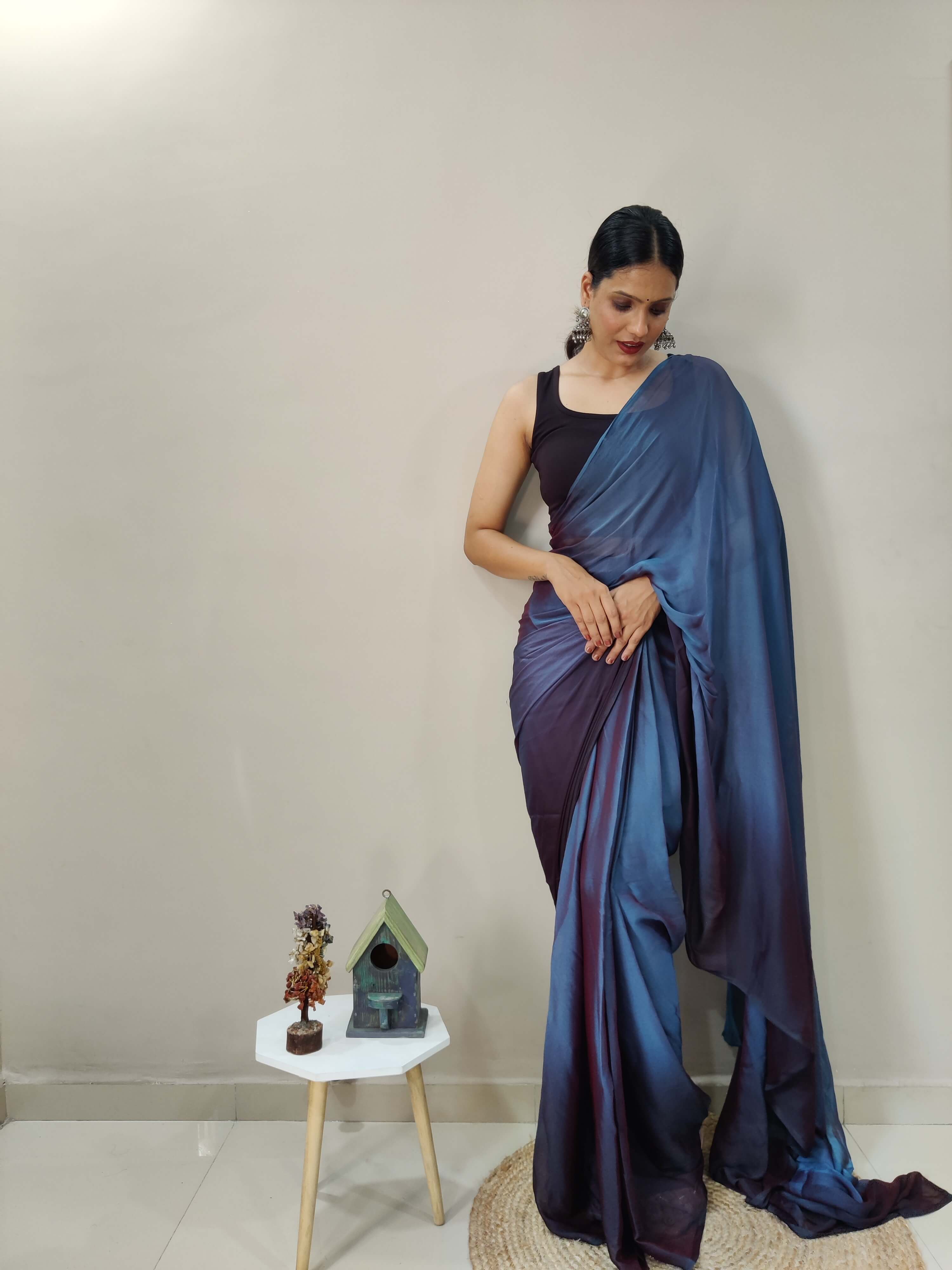 1-MIN READY TO WEAR   DEEP SEA   IMPORTED SILK SAREE  WITH BLOUSE