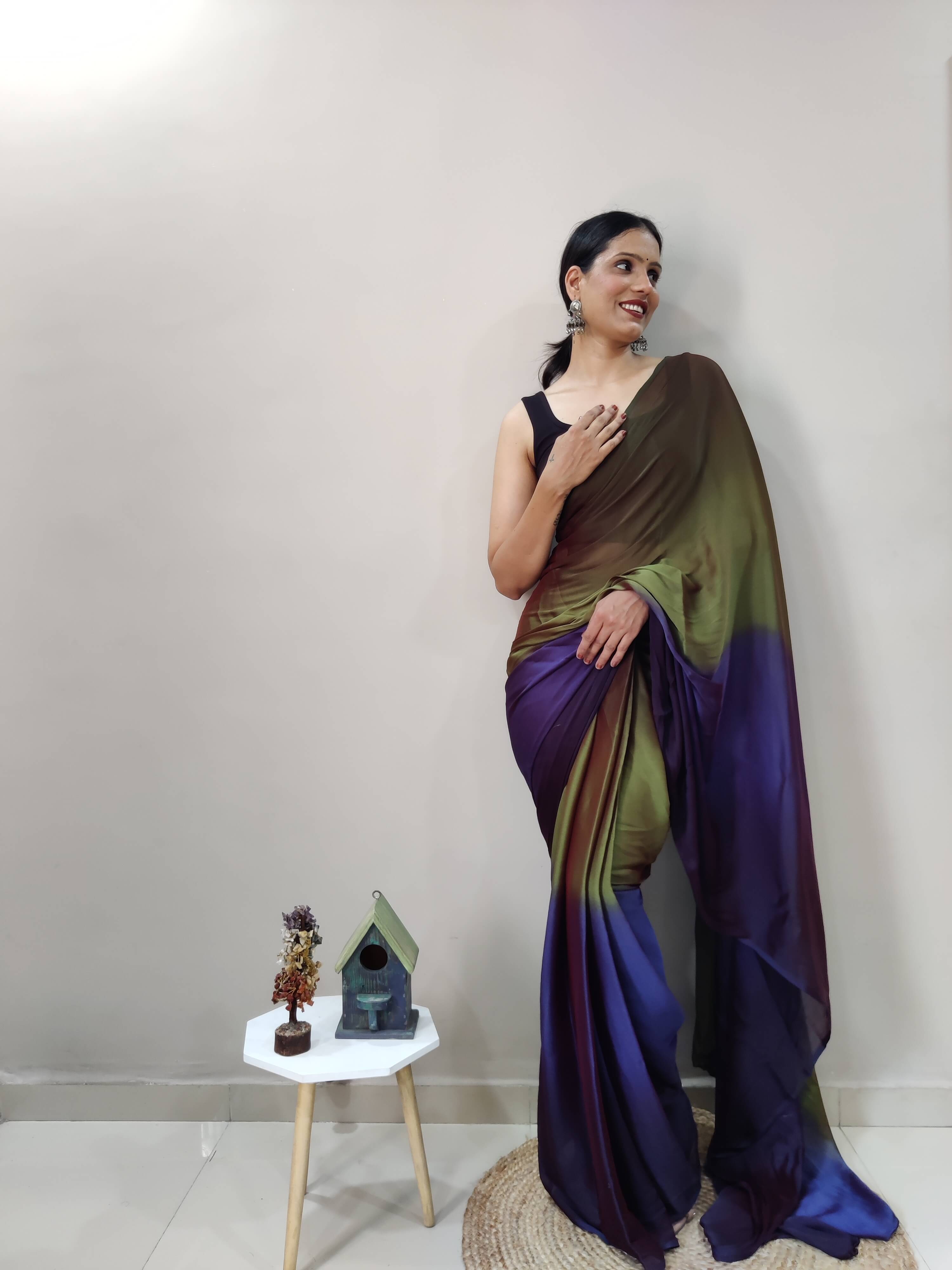 1-MIN READY TO WEAR   AVOCADO  IMPORTED SILK SAREE  WITH BLOUSE