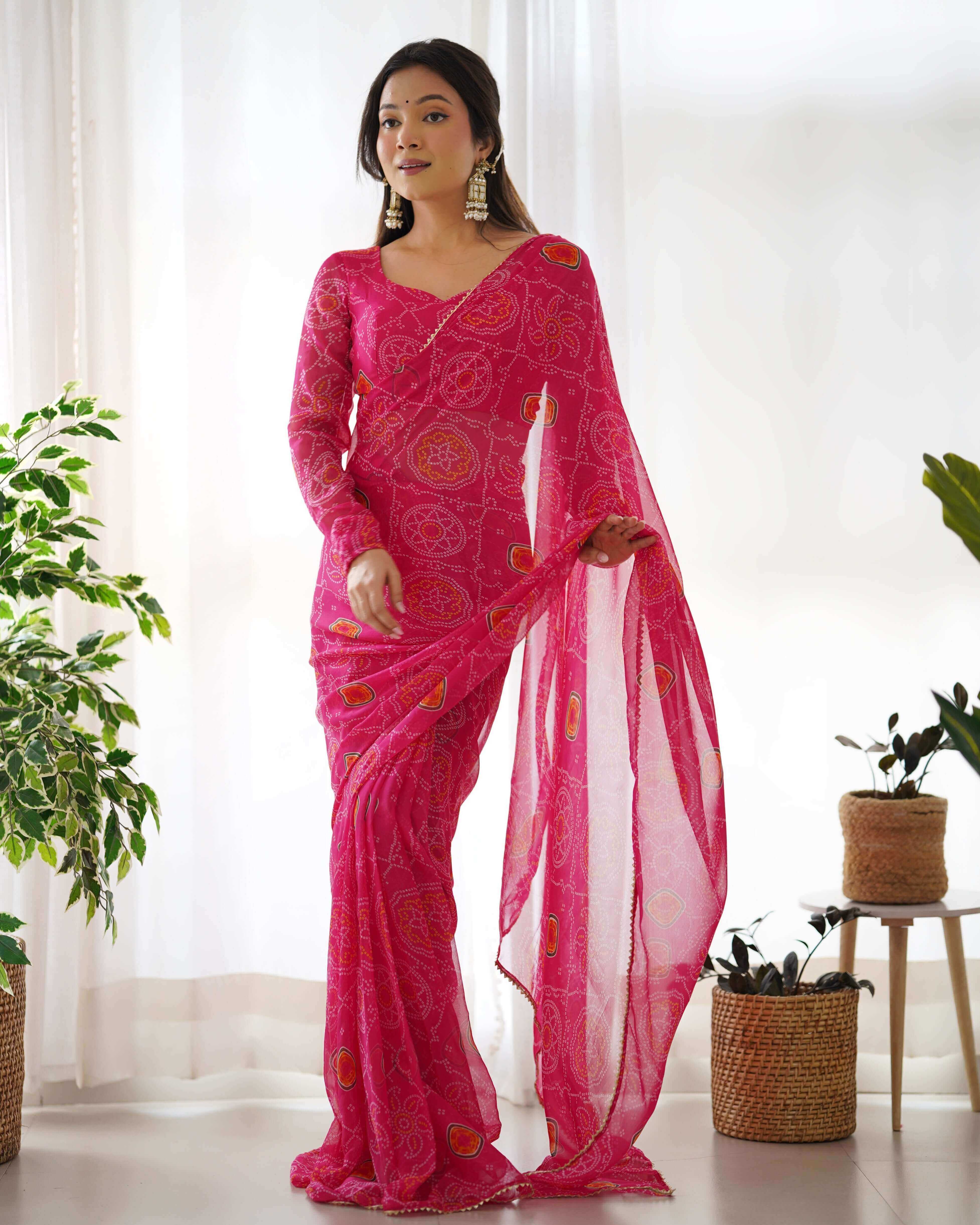 PINK BANDHNI READY TO WEAR SAREE ON GEORGETTE WITH DIGITAL PRINT AND LACE BORDRE