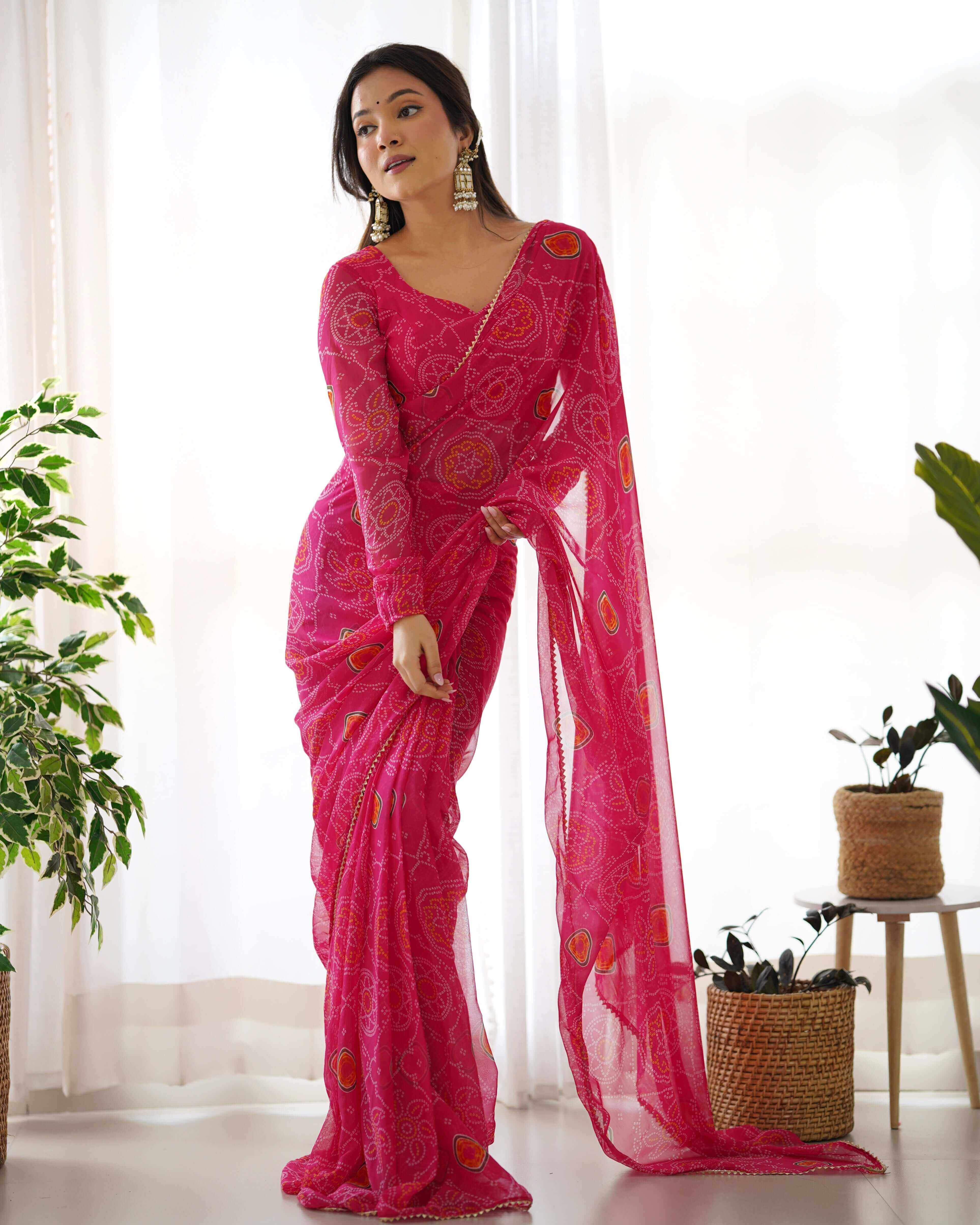 PINK BANDHNI READY TO WEAR SAREE ON GEORGETTE WITH DIGITAL PRINT AND LACE BORDRE