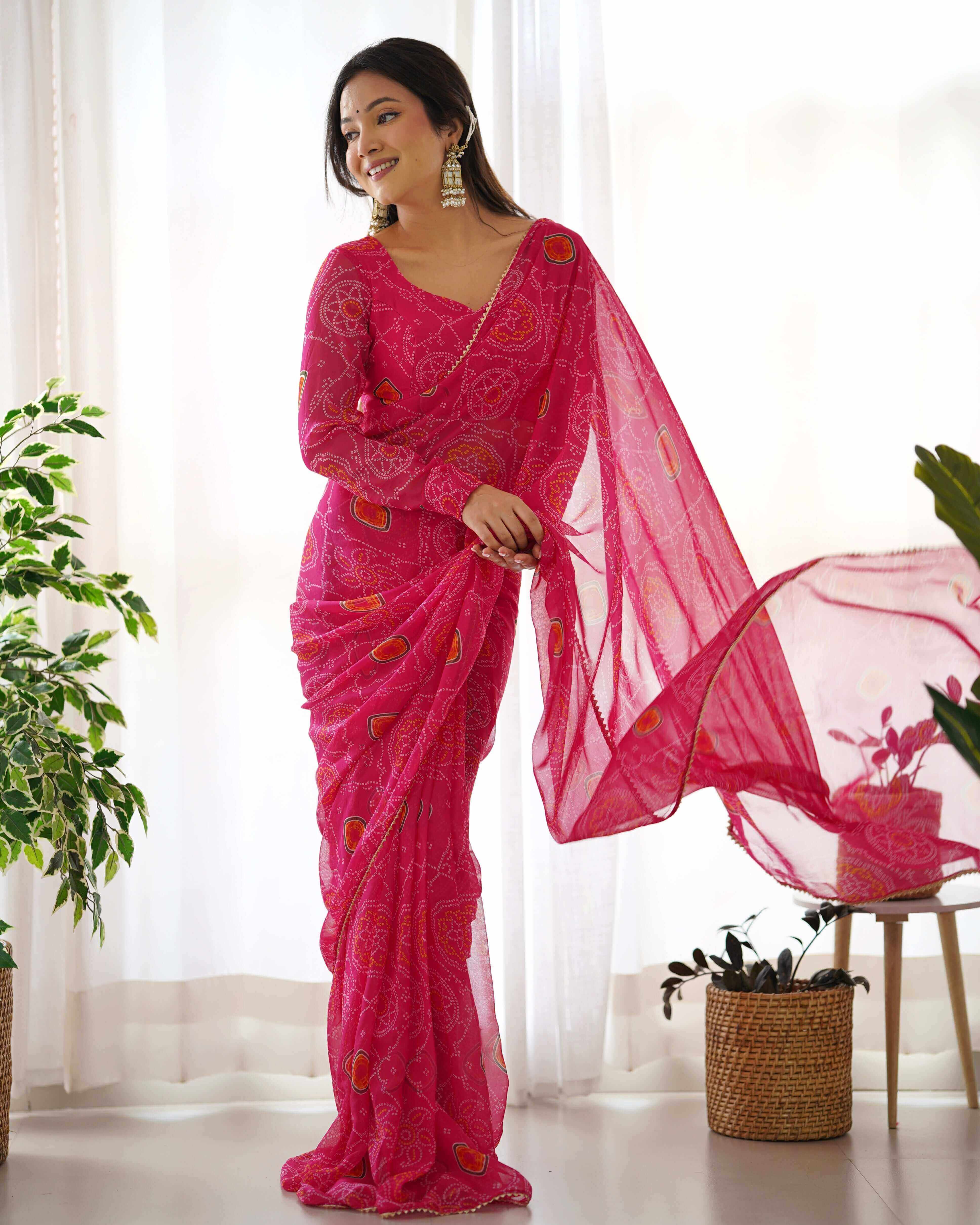 PINK BANDHNI READY TO WEAR SAREE ON GEORGETTE WITH DIGITAL PRINT AND LACE BORDRE