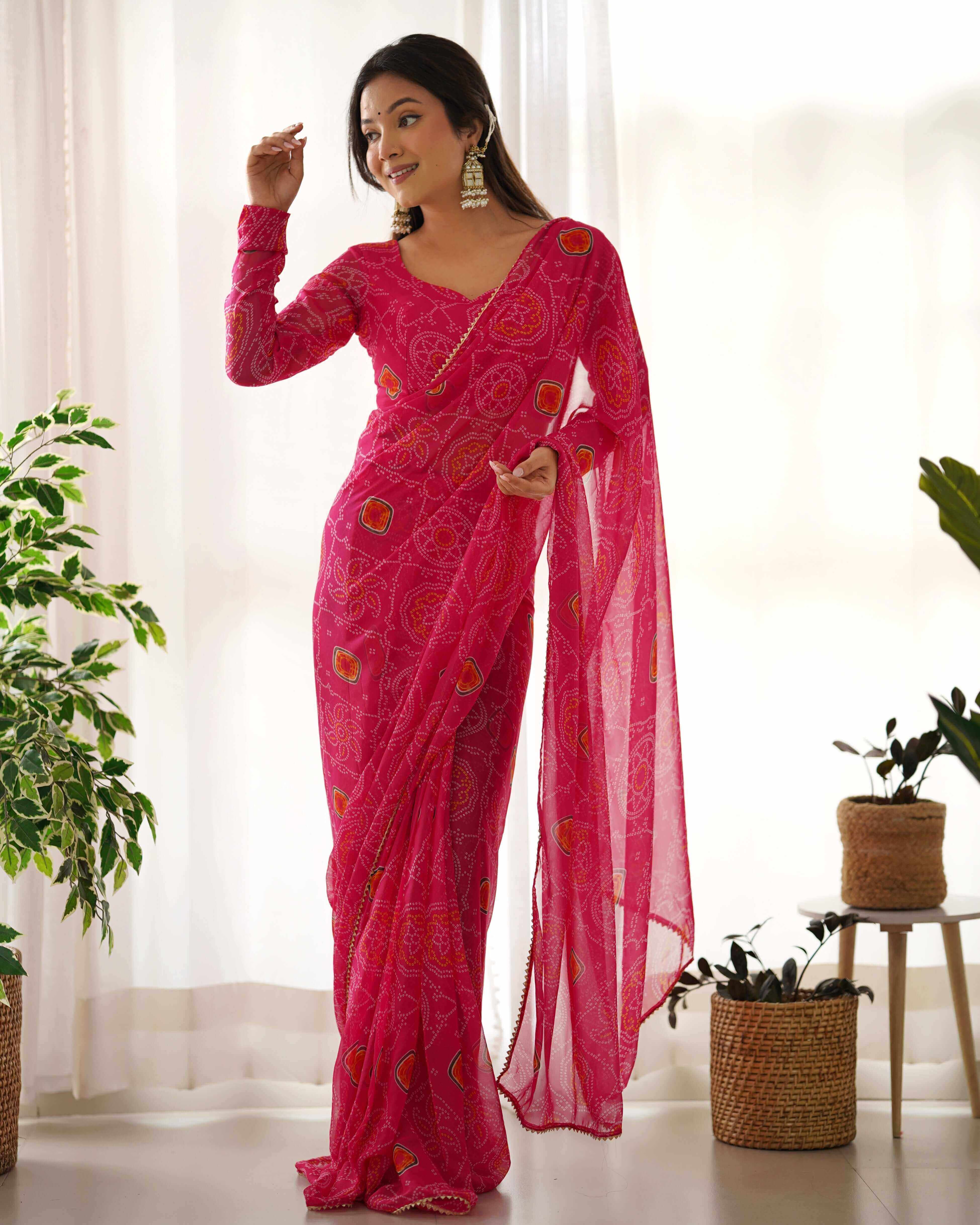 PINK BANDHNI READY TO WEAR SAREE ON GEORGETTE WITH DIGITAL PRINT AND LACE BORDRE