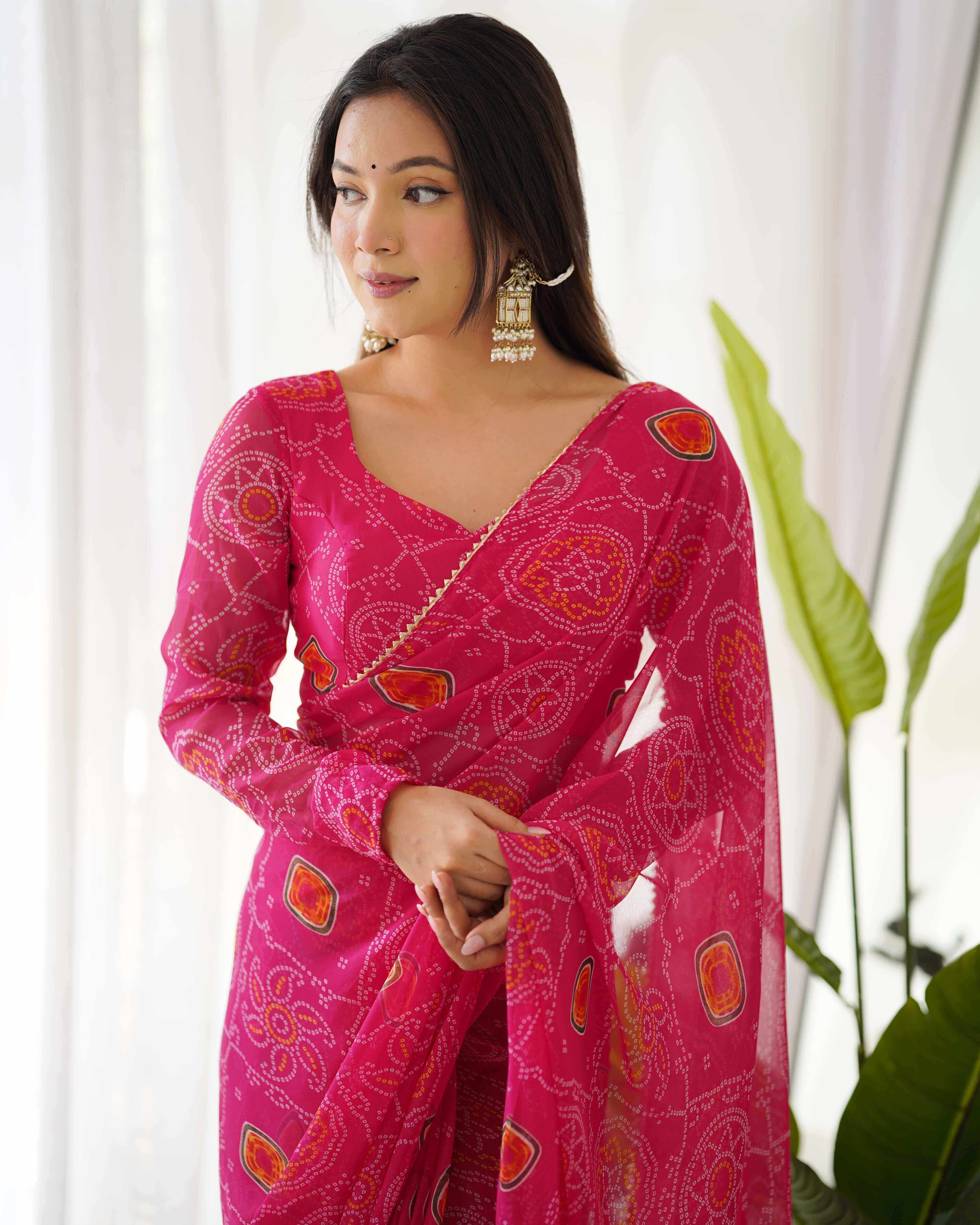 PINK BANDHNI READY TO WEAR SAREE ON GEORGETTE WITH DIGITAL PRINT AND LACE BORDRE