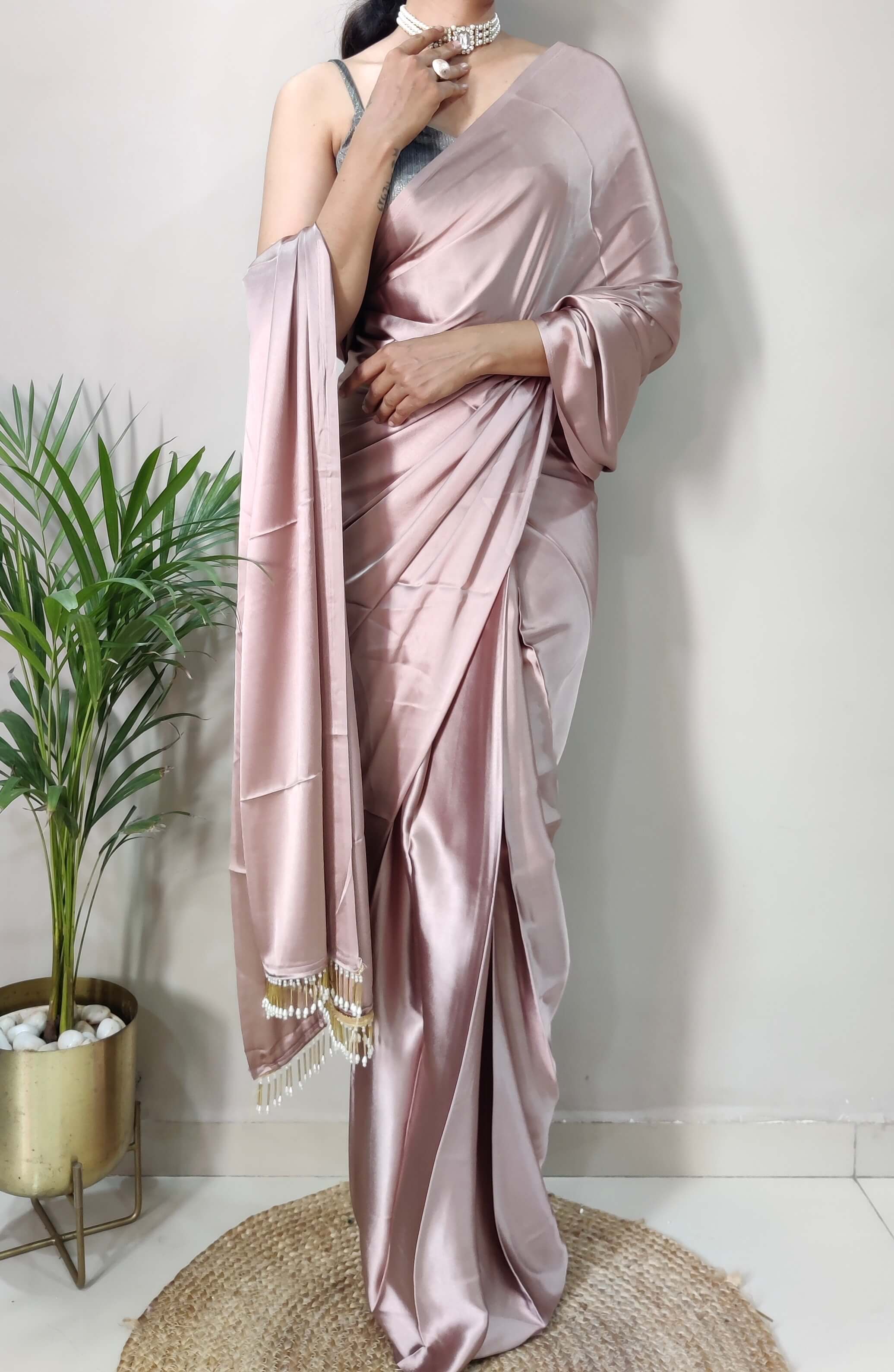 1-MIN READY TO WEAR Rose Gold Satin Silk Saree With Handmade Tassels On Pallu