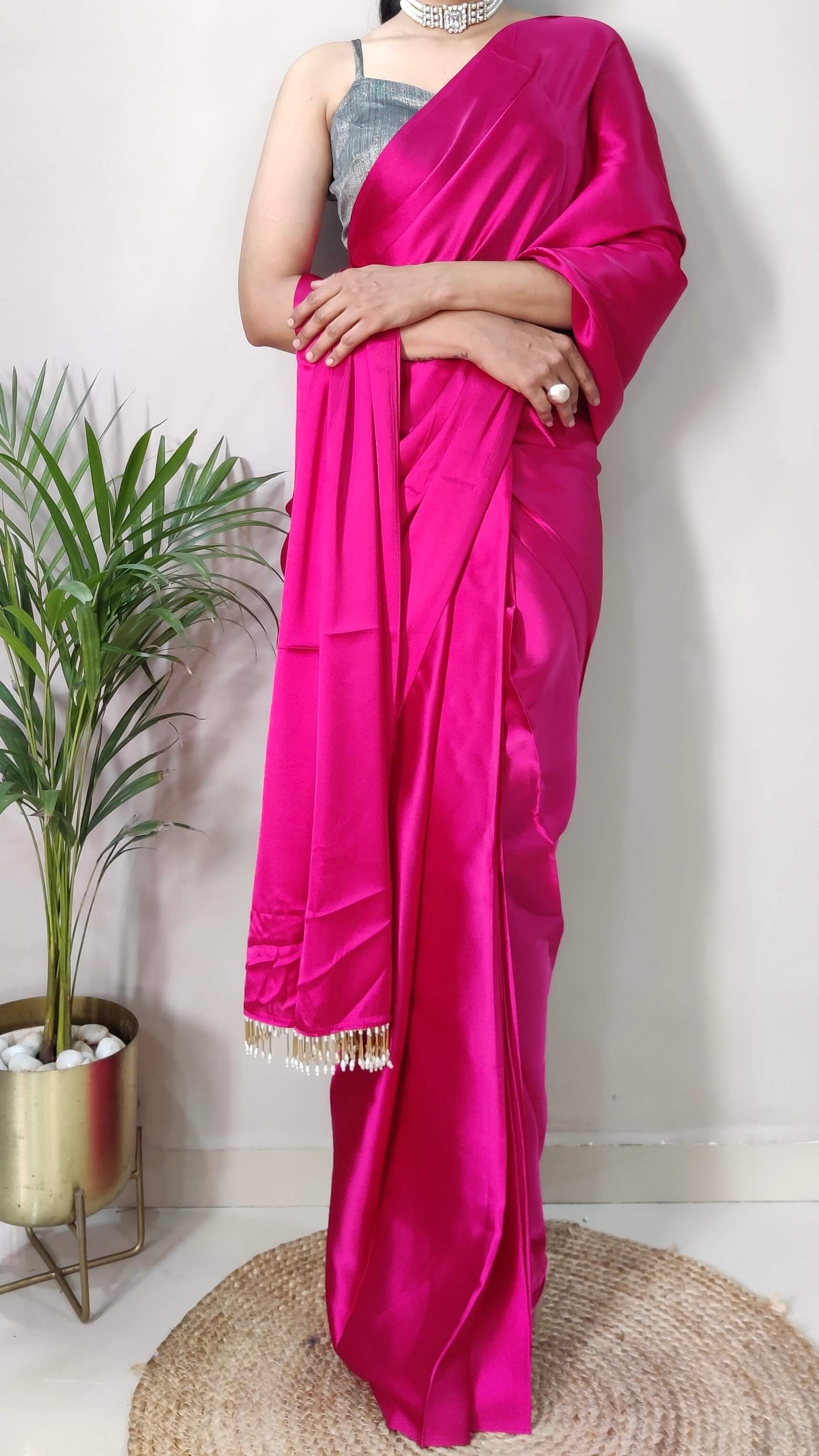 1-MIN READY TO WEAR  Hot Pink Satin Silk Saree With Handmade Tassels On Pallu