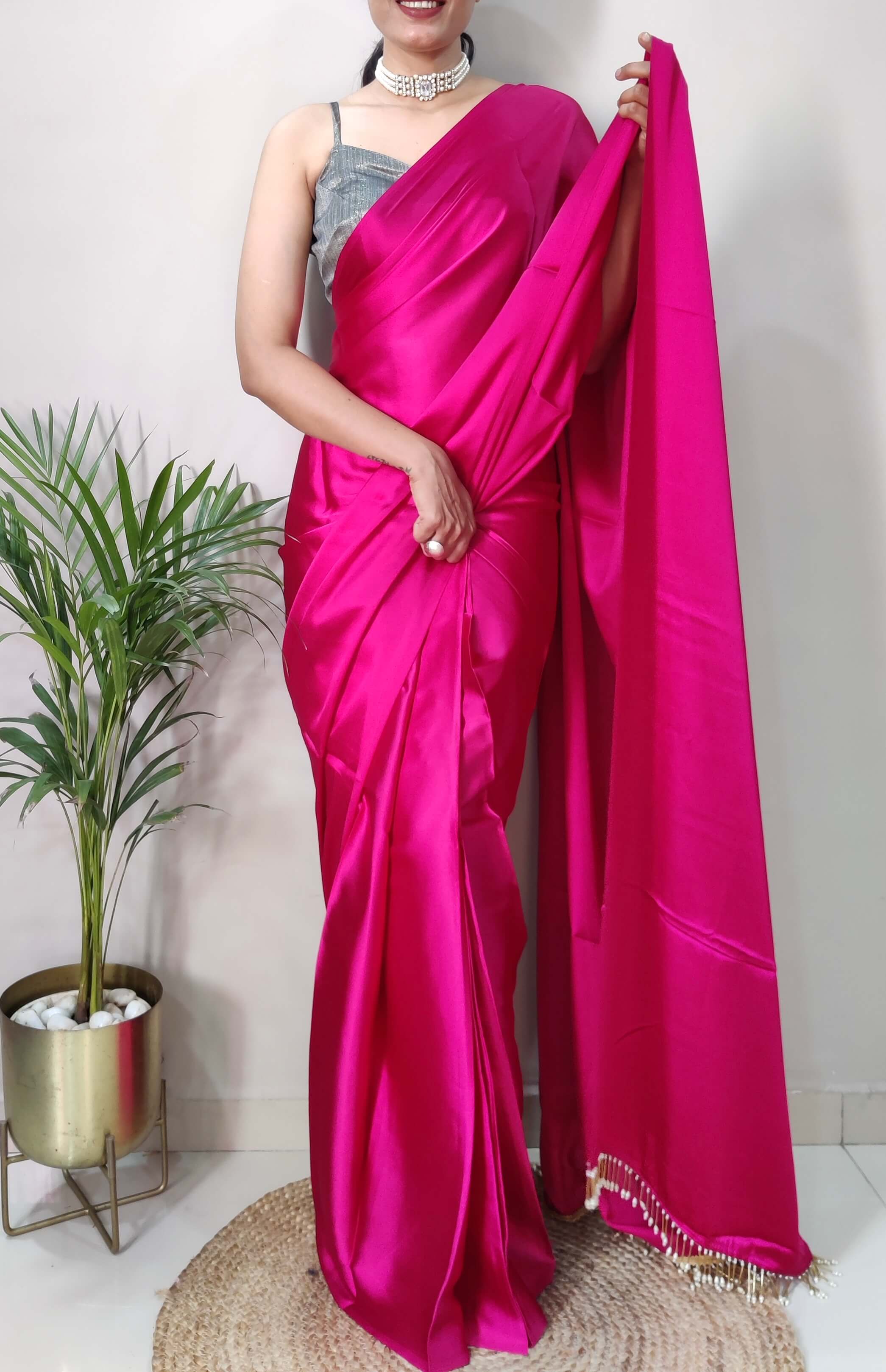 1-MIN READY TO WEAR  Hot Pink Satin Silk Saree With Handmade Tassels On Pallu