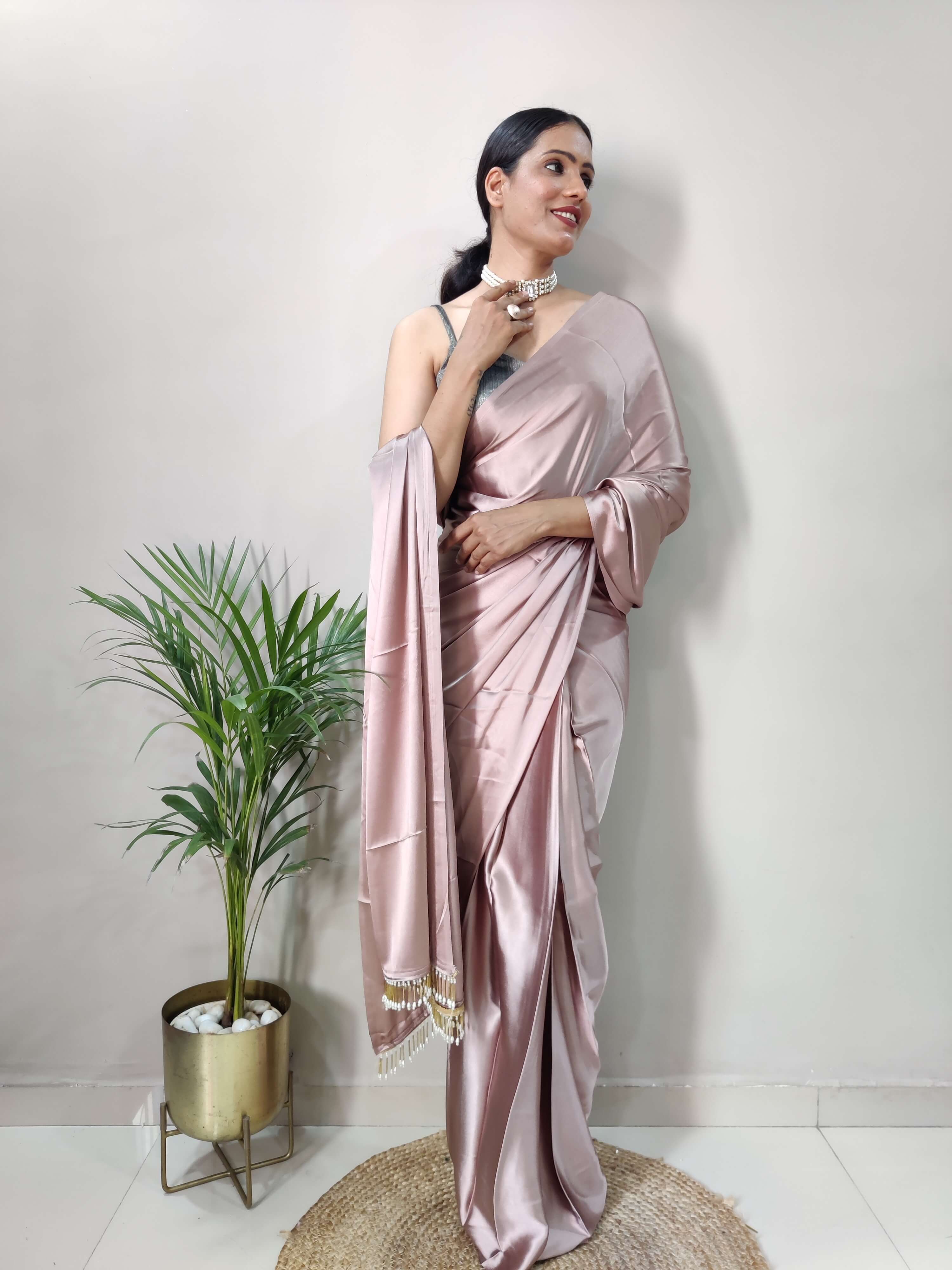 1-MIN READY TO WEAR Rose Gold Satin Silk Saree With Handmade Tassels On Pallu