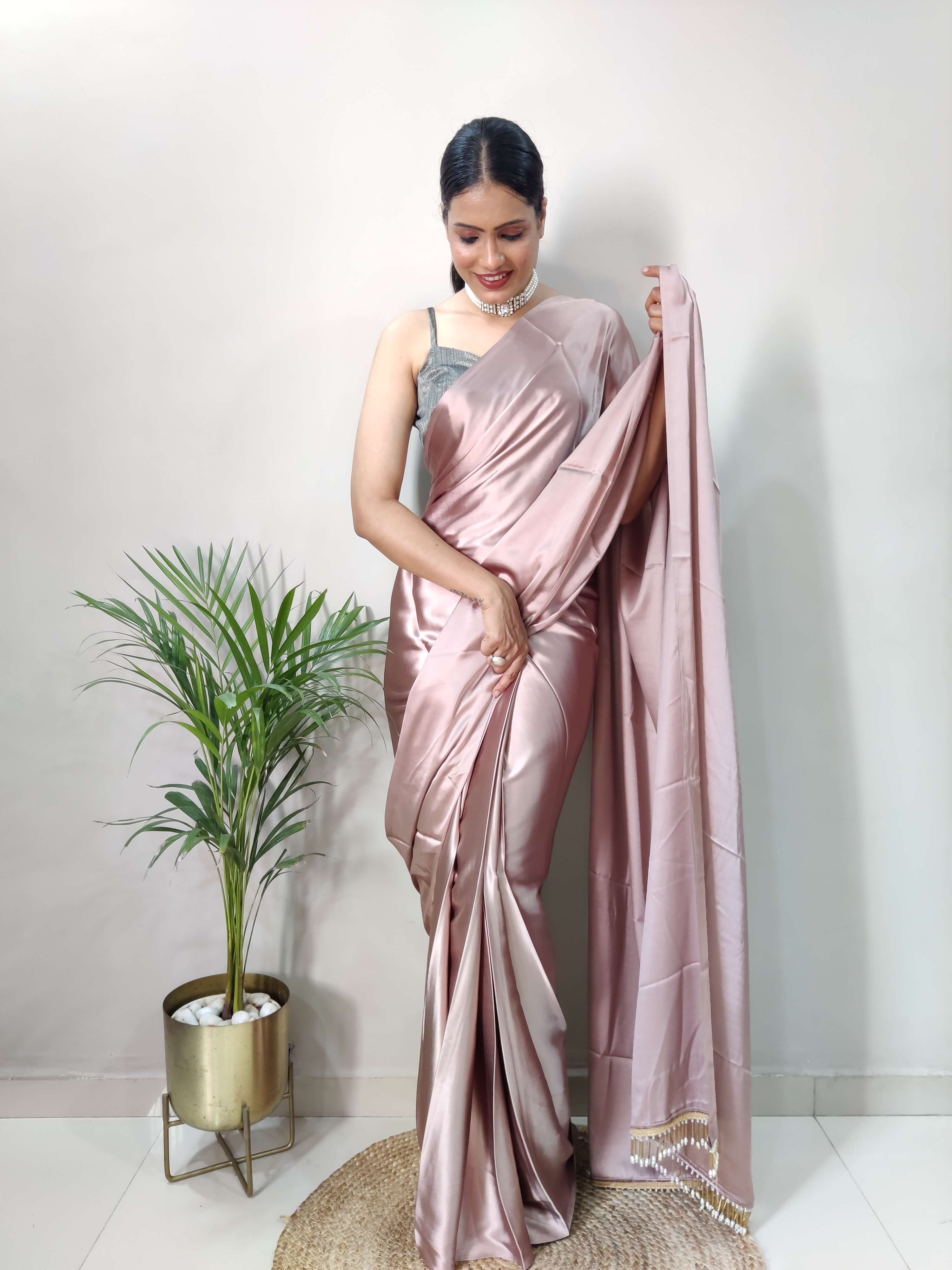 1-MIN READY TO WEAR Rose Gold Satin Silk Saree With Handmade Tassels On Pallu