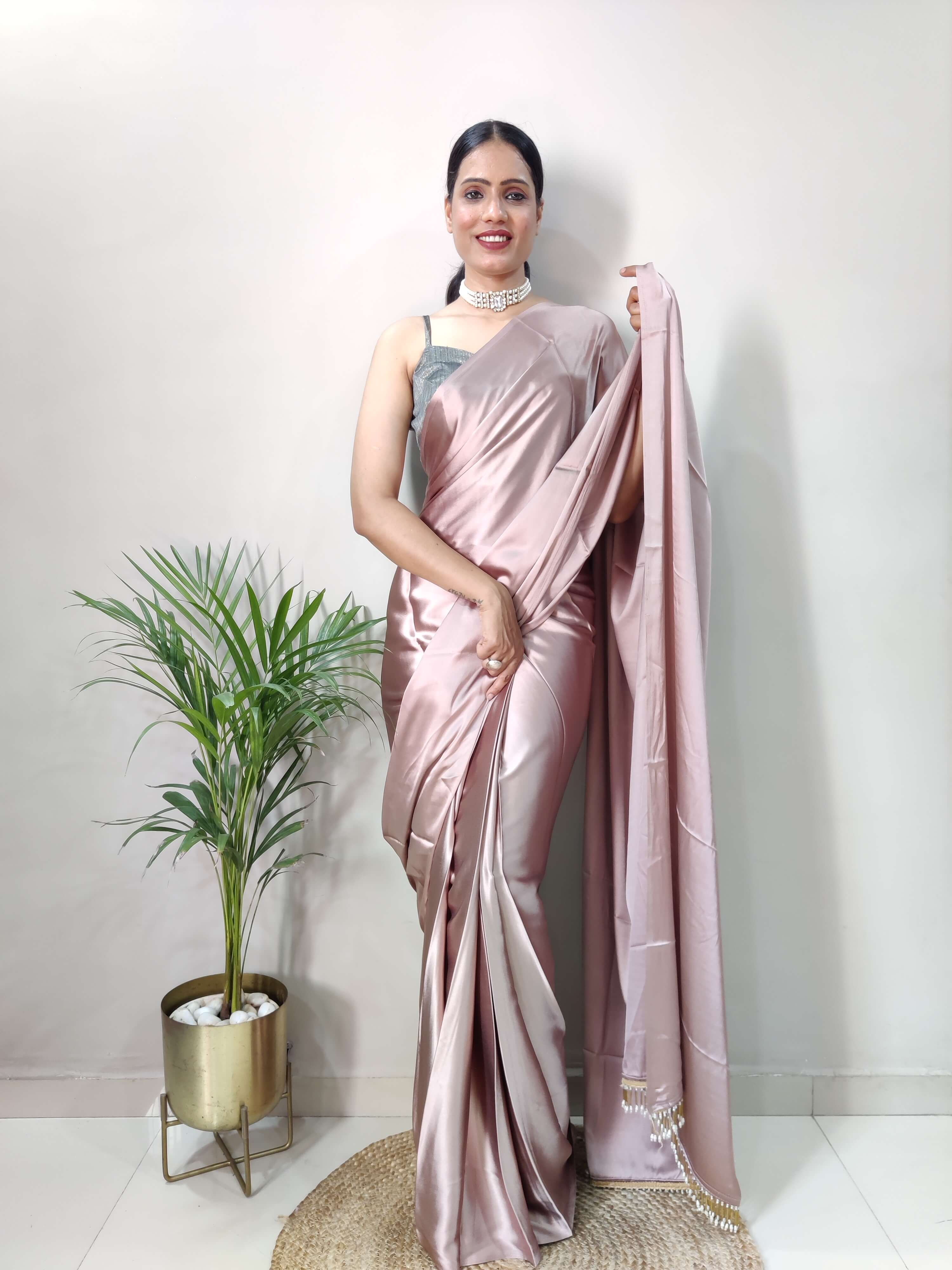 1-MIN READY TO WEAR Rose Gold Satin Silk Saree With Handmade Tassels On Pallu