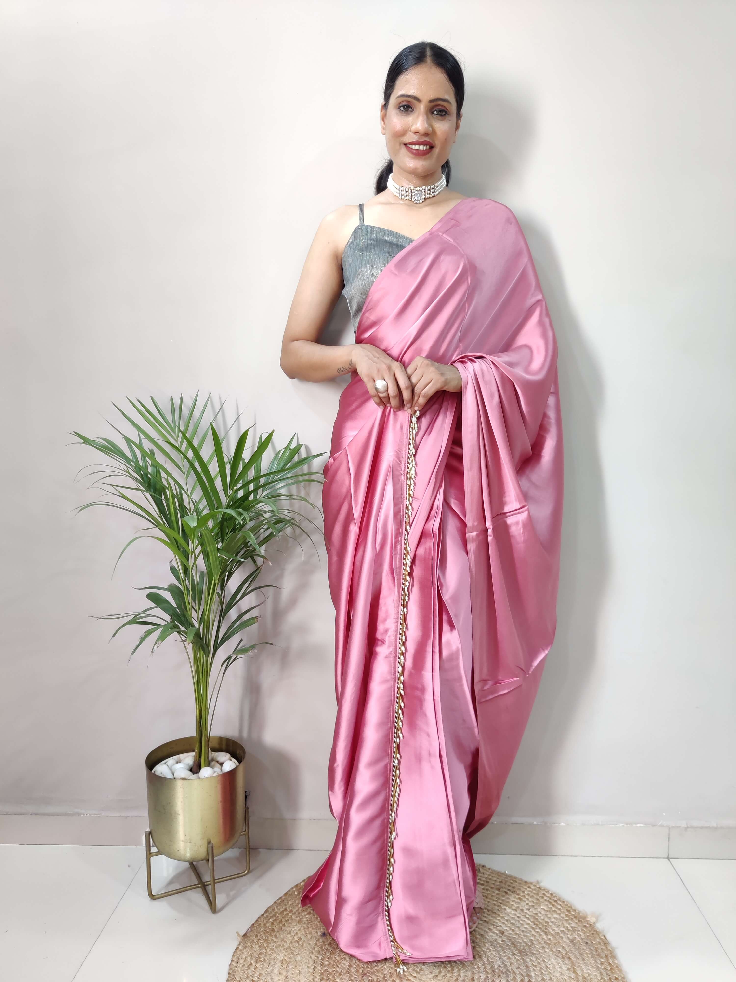 1-MIN READY TO WEAR  Rose Pink Satin Silk Saree With Handmade Tassels On Pallu