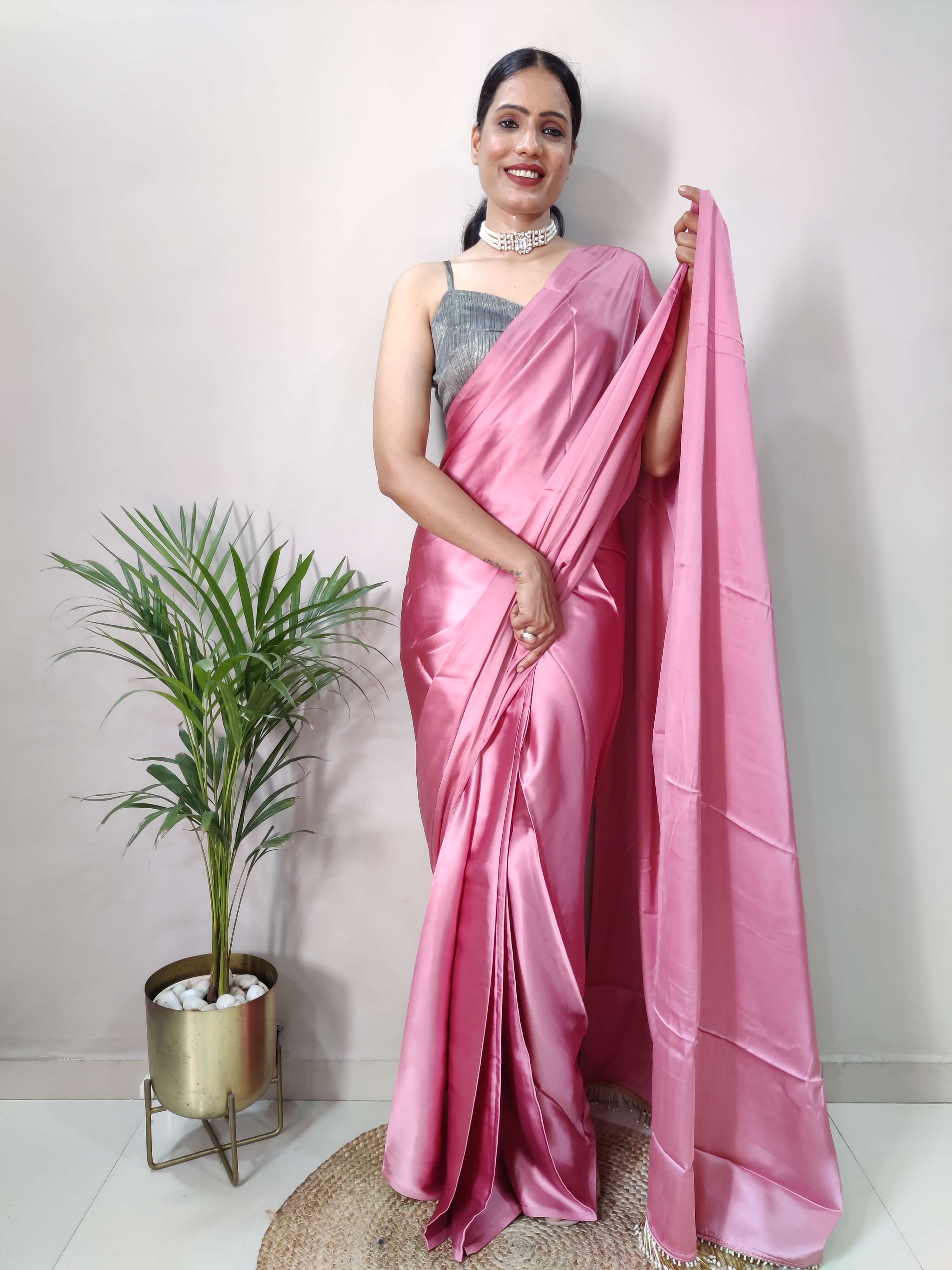 1-MIN READY TO WEAR  Rose Pink Satin Silk Saree With Handmade Tassels On Pallu