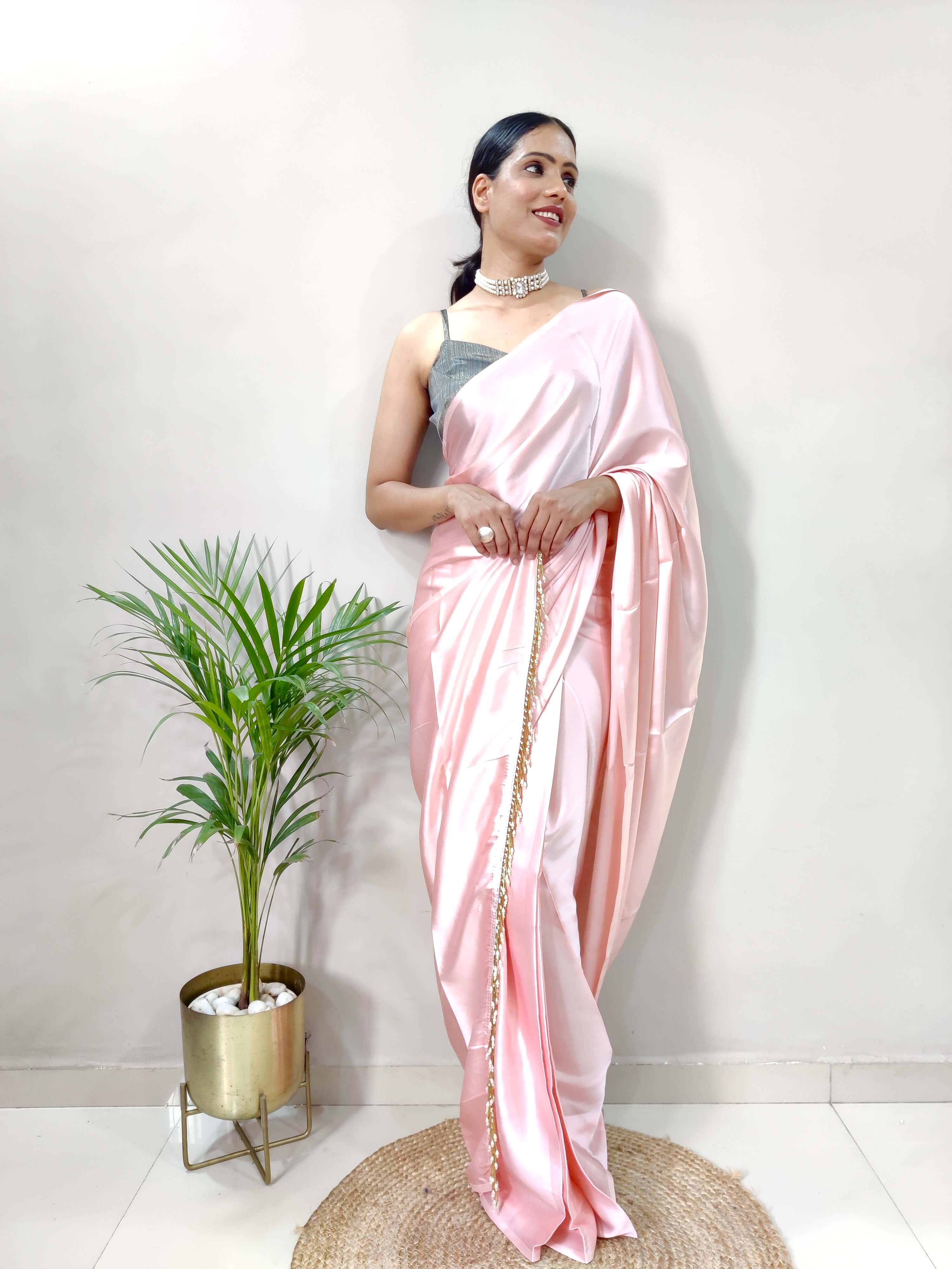 1-MIN READY TO WEAR  Peach Satin Silk Saree With Handmade Tassels On Pallu