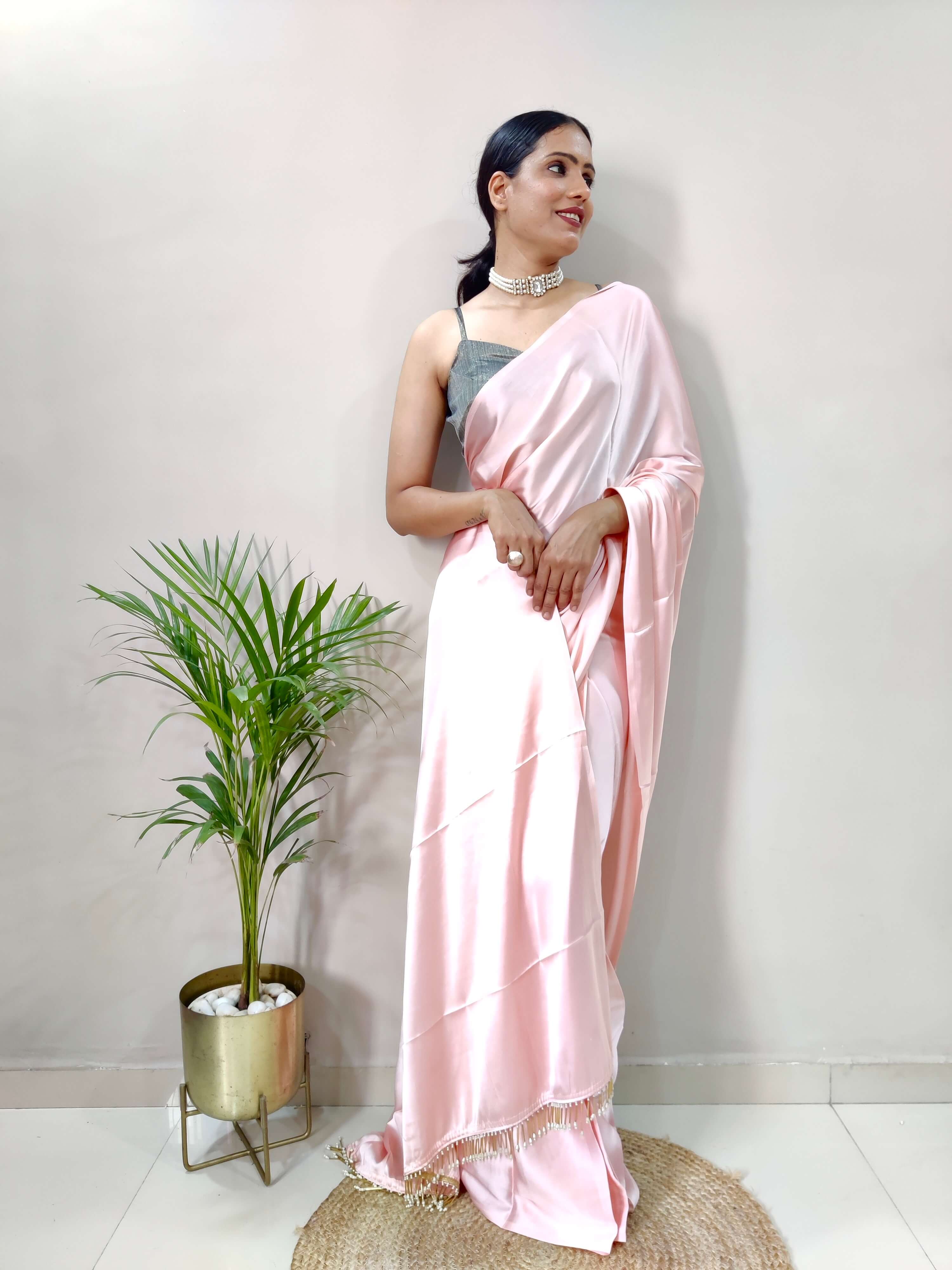 1-MIN READY TO WEAR  Old Rose Satin Silk Saree With Handmade Tassels On Pallu