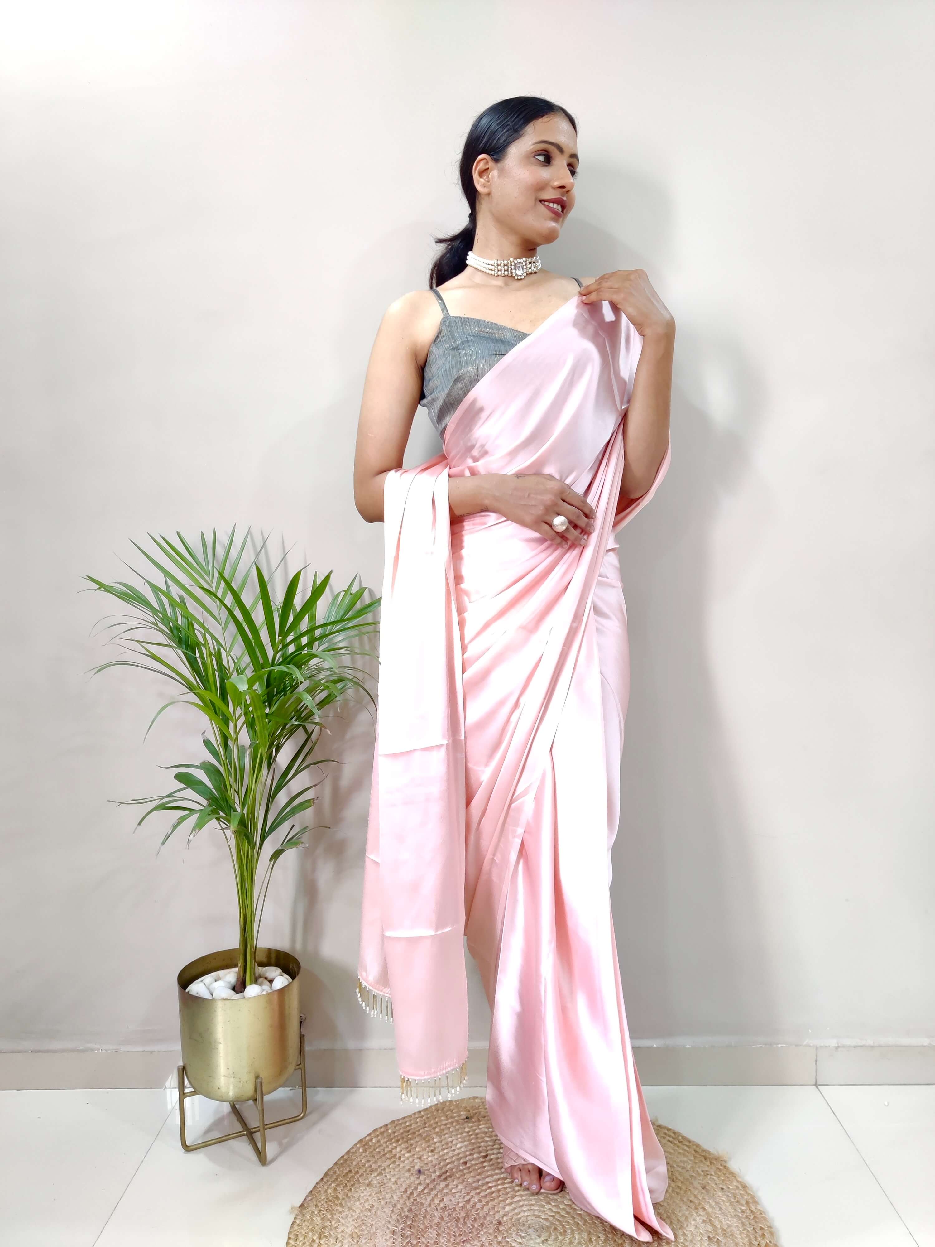 1-MIN READY TO WEAR  Old Rose Satin Silk Saree With Handmade Tassels On Pallu