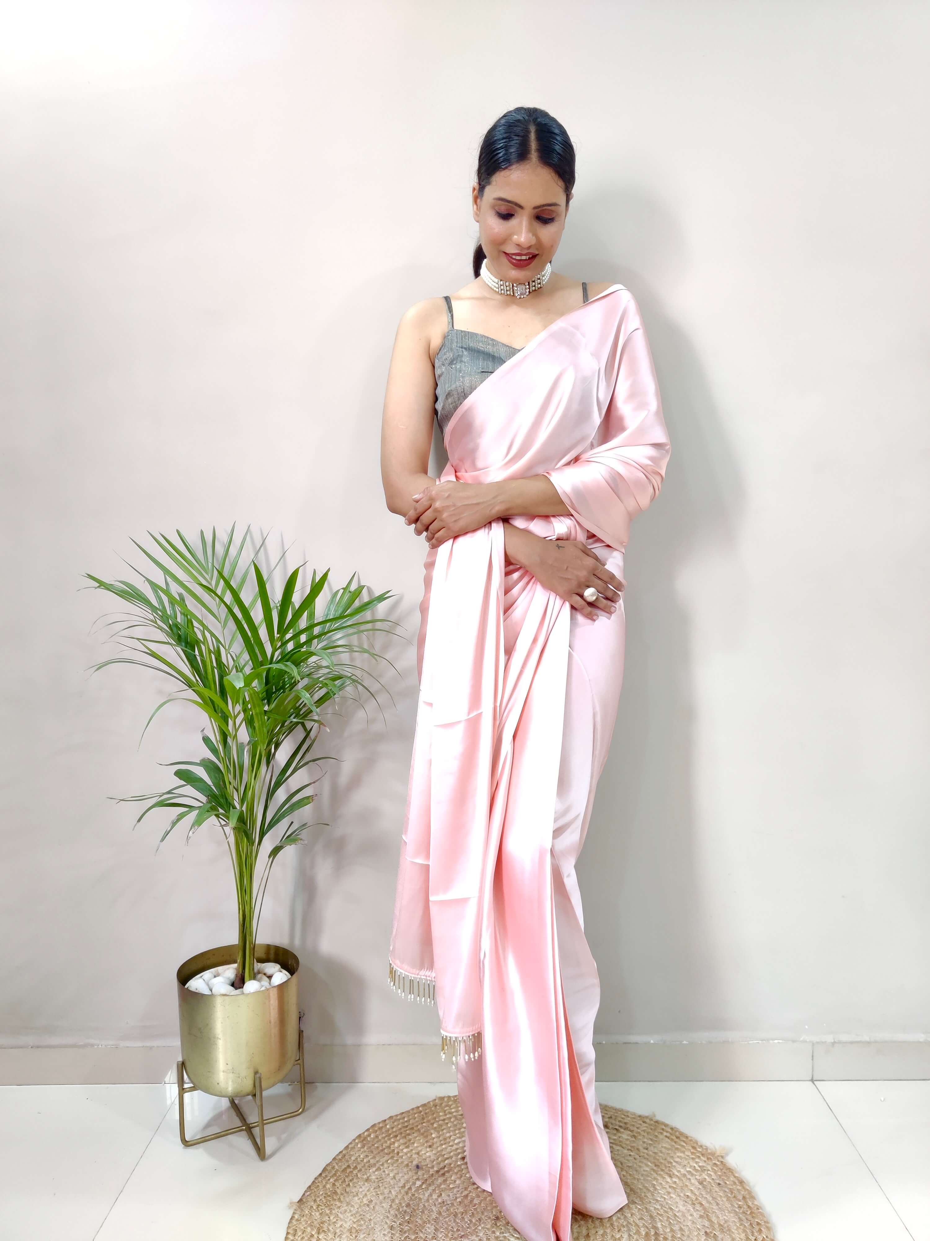 1-MIN READY TO WEAR  Peach Satin Silk Saree With Handmade Tassels On Pallu