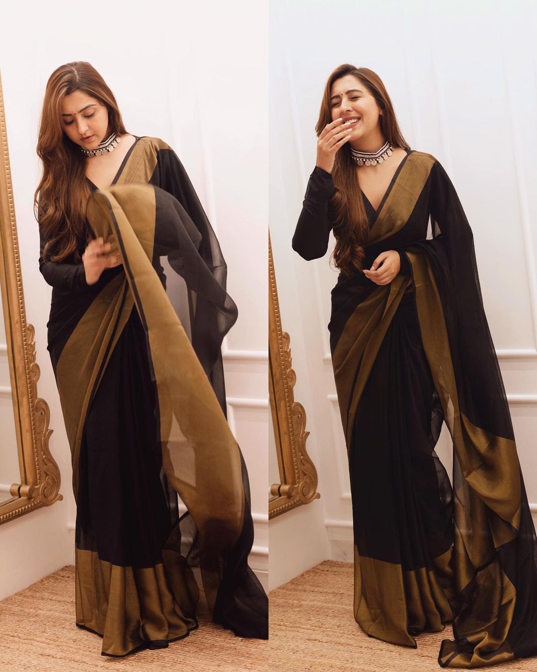 1 Minutes Ready to Wear Chiffon Gold Zari Patta Trending Saree