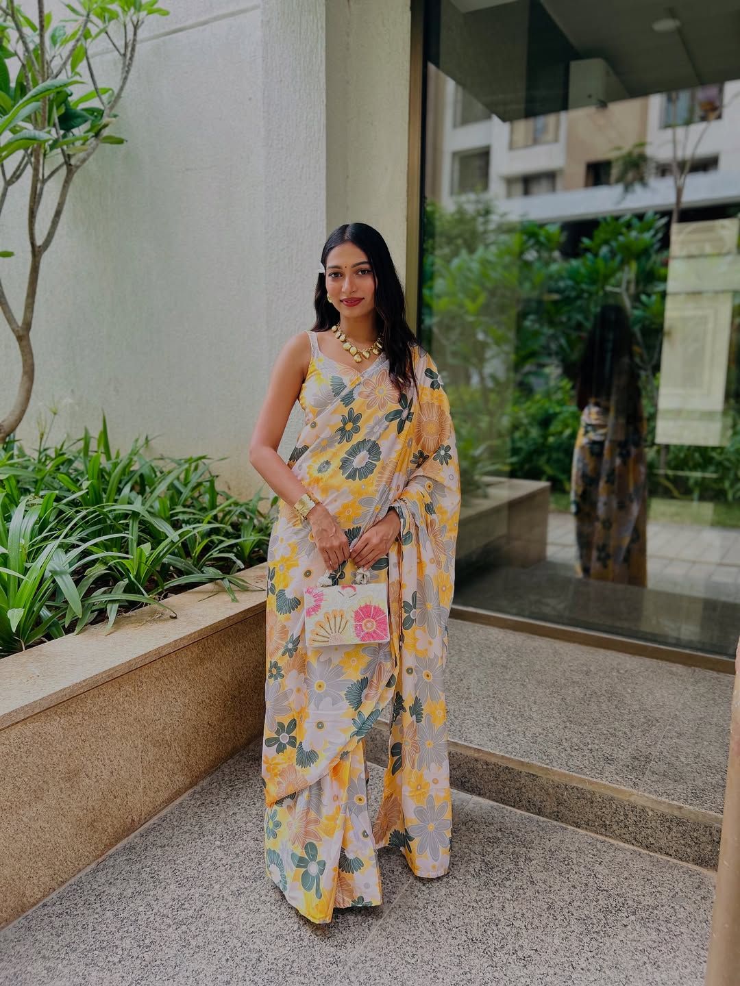 1 Min Ready-to-Wear Vibrant Floral Print Yellow Saree