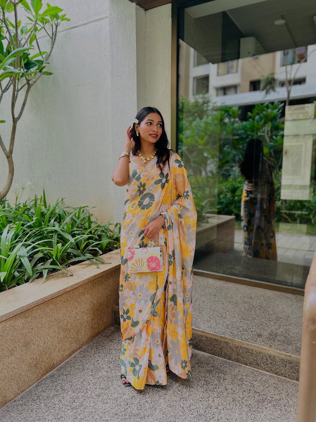 1 Min Ready-to-Wear Vibrant Floral Print Yellow Saree