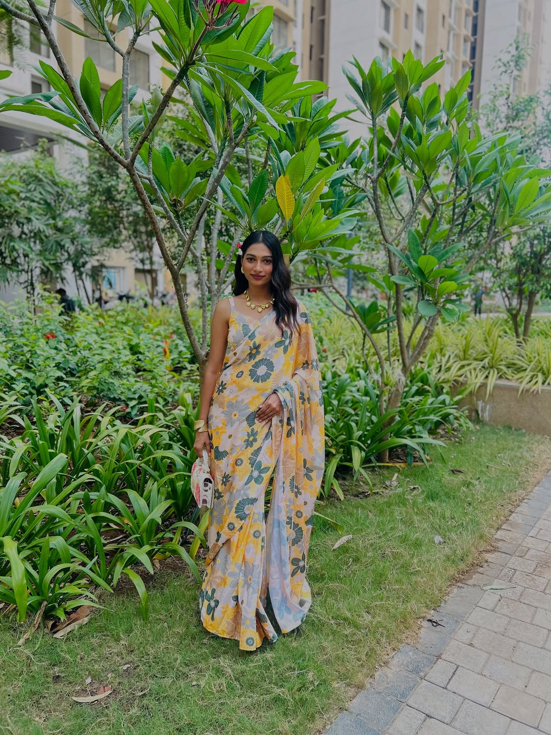 1 Min Ready-to-Wear Vibrant Floral Print Yellow Saree