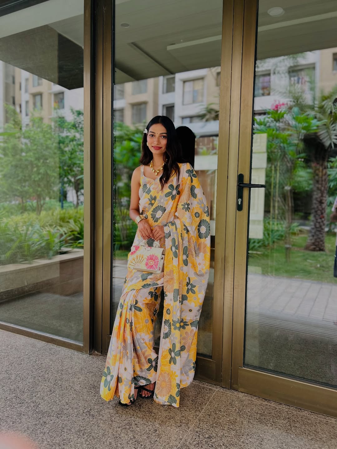 1 Min Ready-to-Wear Vibrant Floral Print Yellow Saree