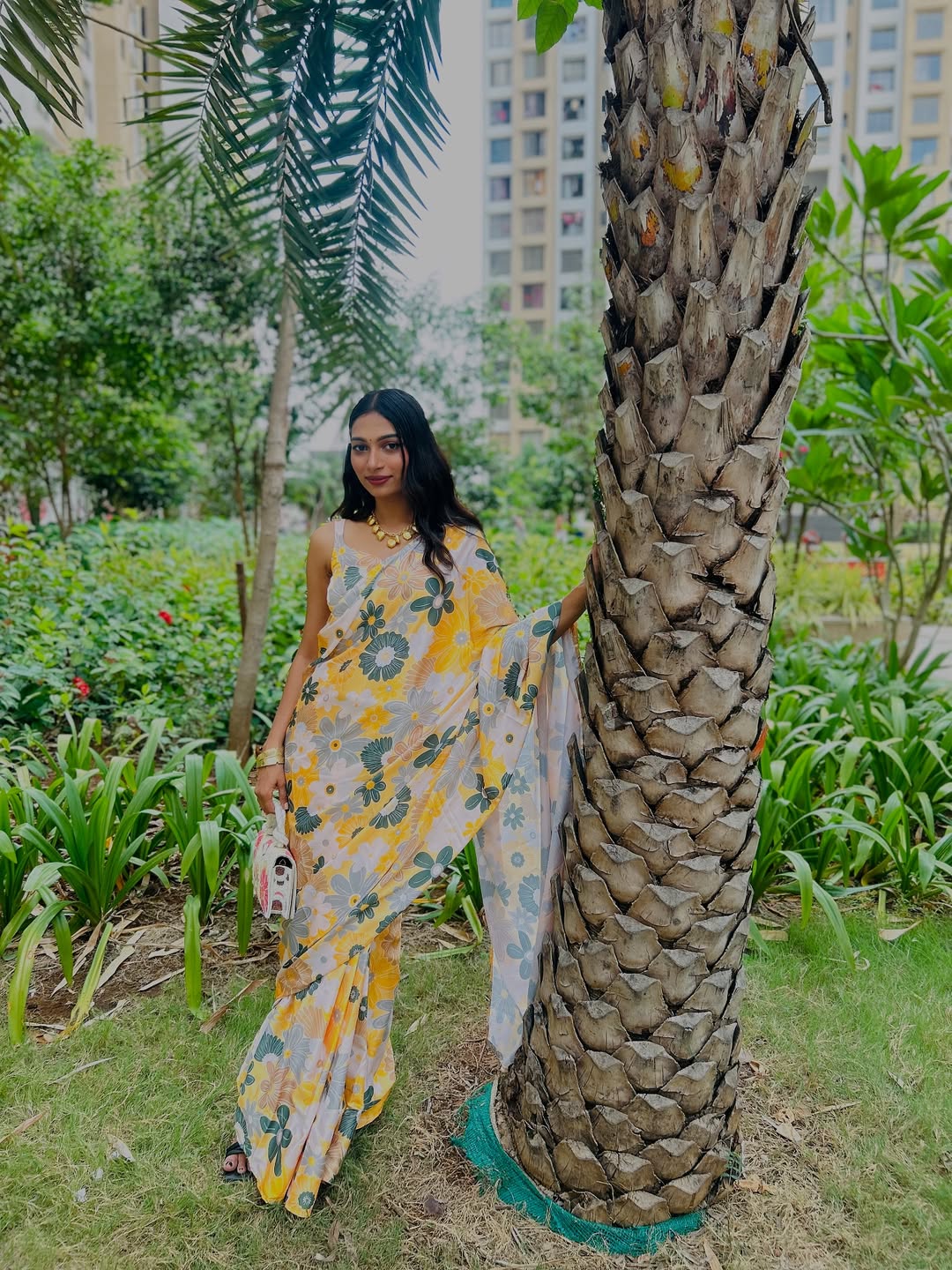 1 Min Ready-to-Wear Vibrant Floral Print Yellow Saree