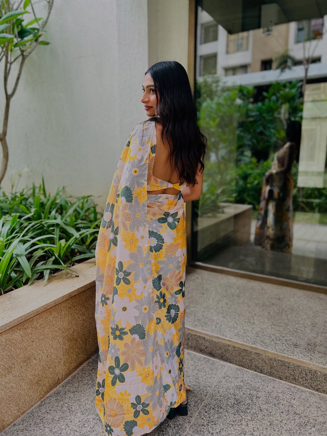 1 Min Ready-to-Wear Vibrant Floral Print Yellow Saree