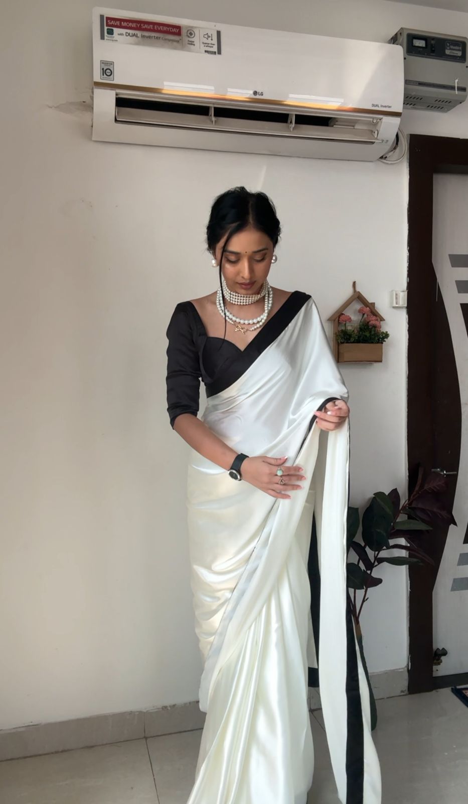 Porcelain White Satin One Minute Saree with Black Border