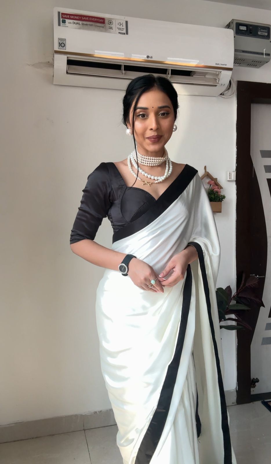 Porcelain White Satin One Minute Saree with Black Border