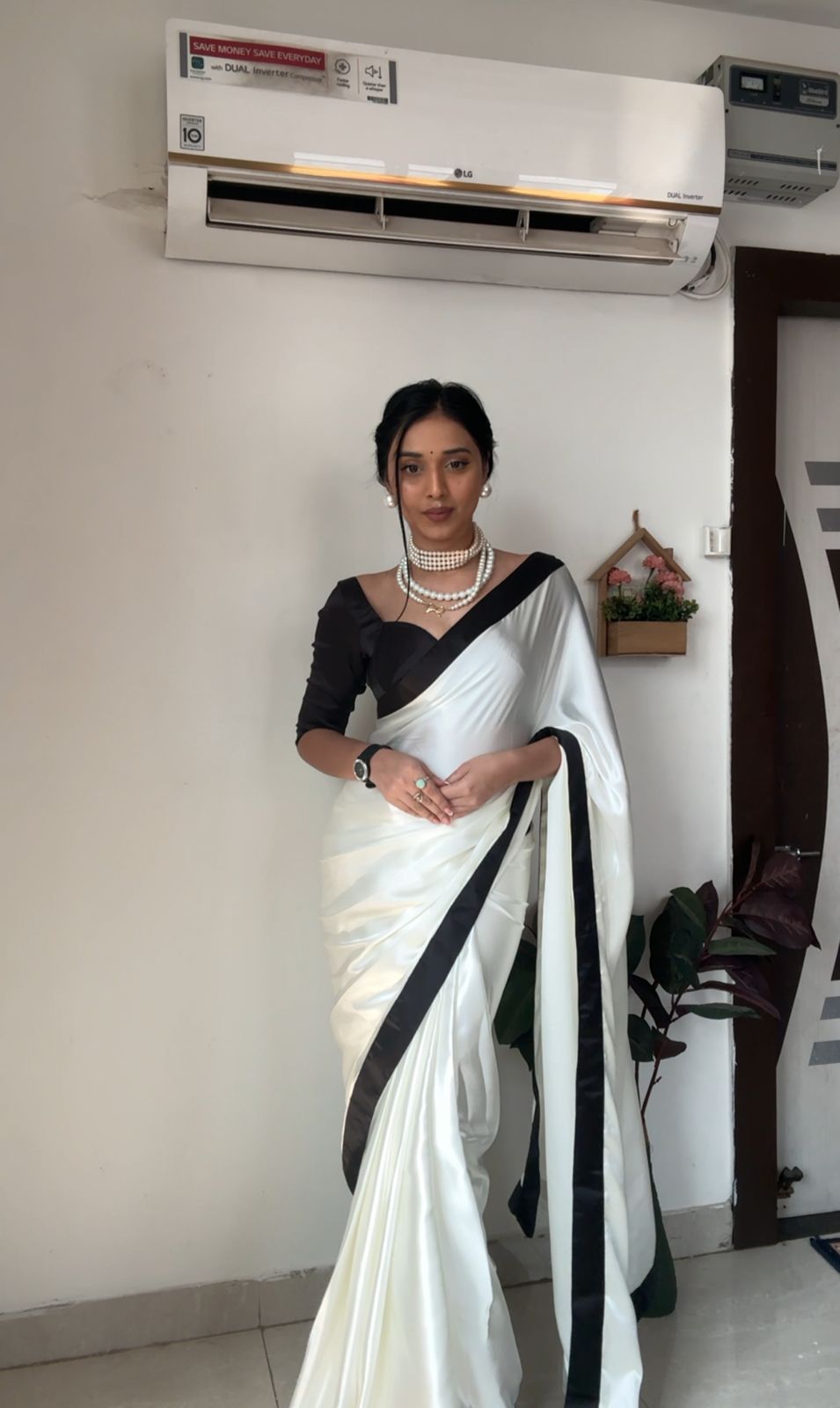 Porcelain White Satin One Minute Saree with Black Border