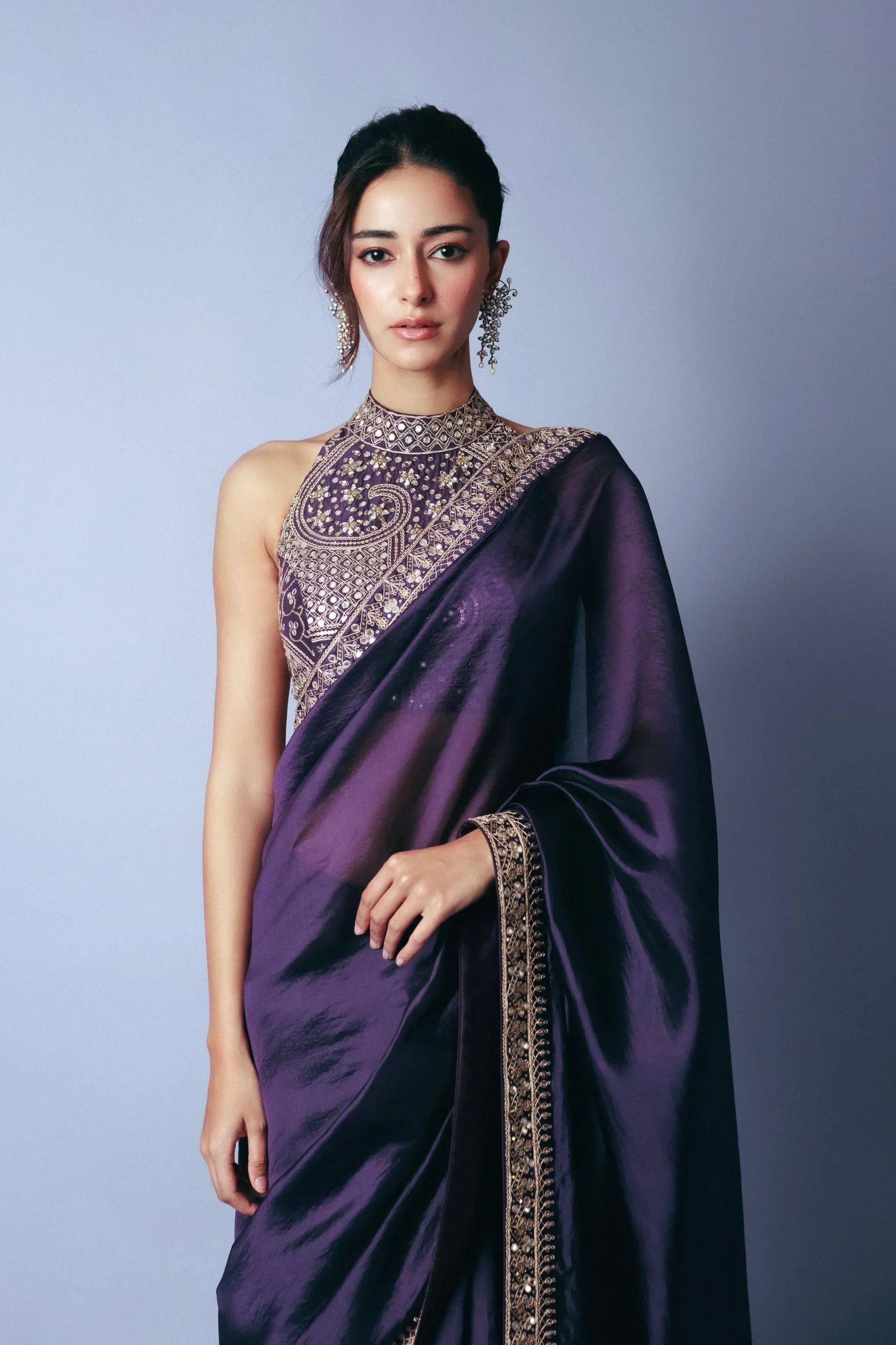 Designer Classic Baigani Silk Saree Set with Marodi & Mirror Work – Halter Neck Blouse